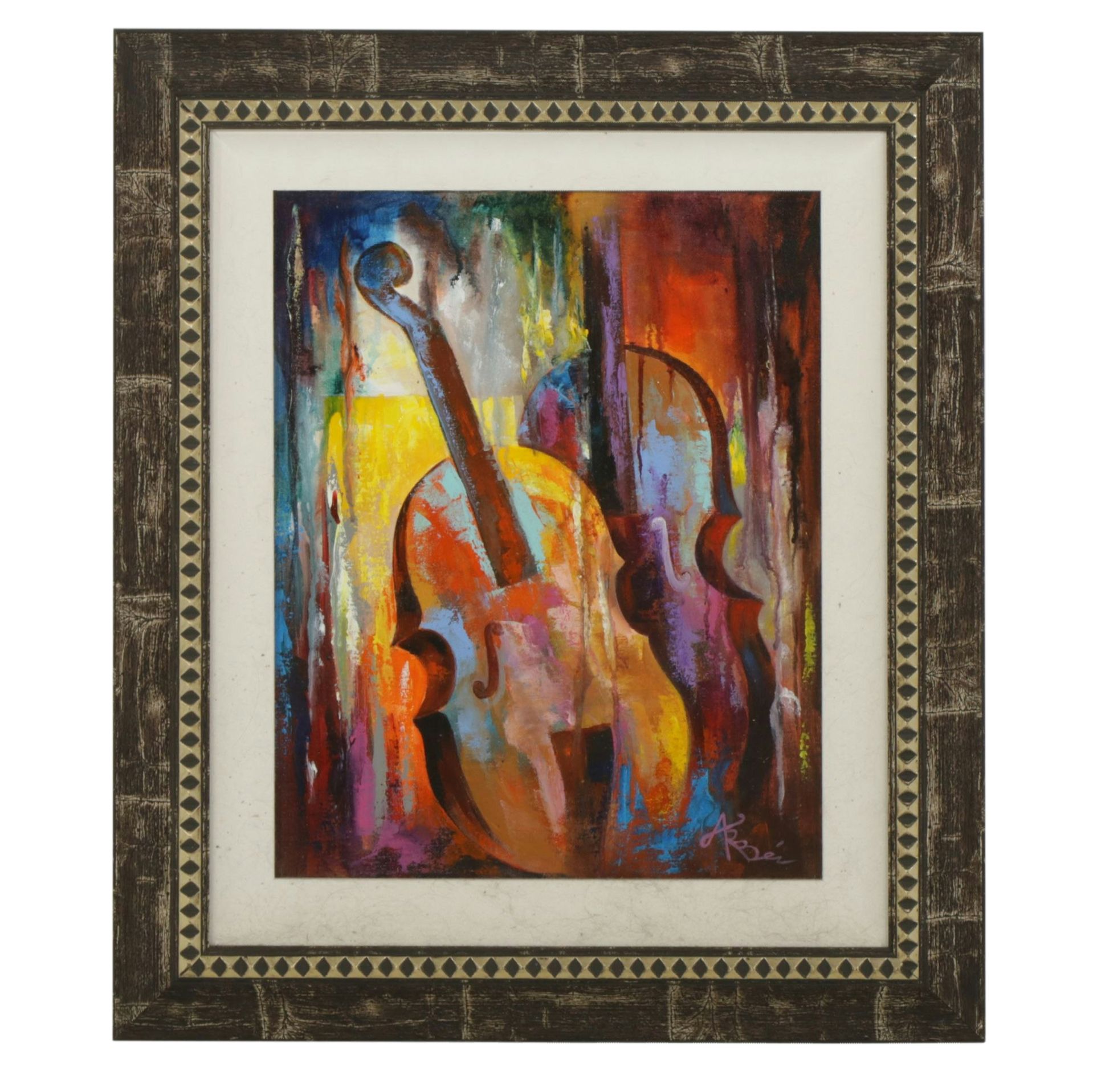 Arbe Berberyan Abstract Acrylic Painting "Twin Violins", 21st Century