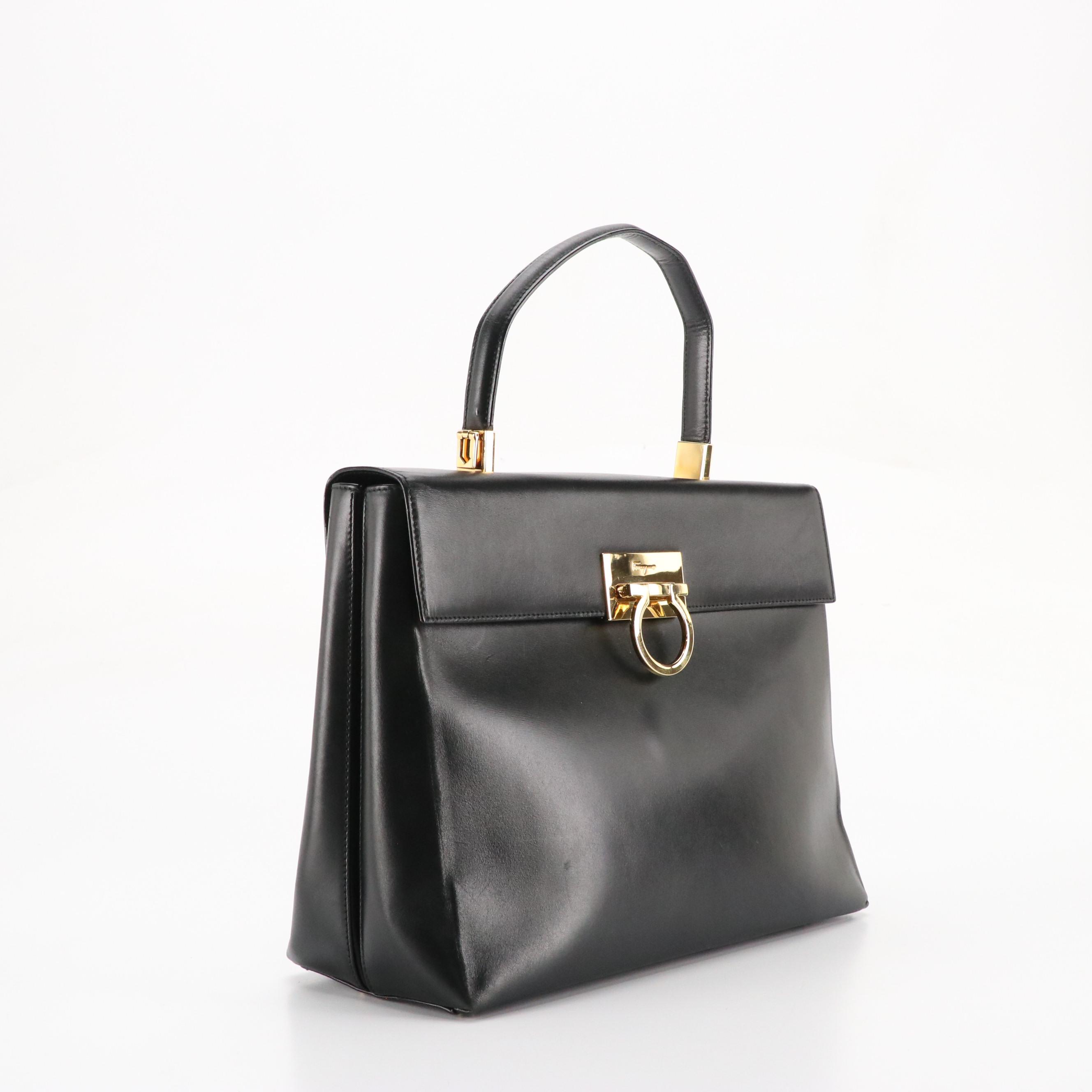 Salvatore Ferragamo Gancini Top Handle Two-Way Bag in Black Leather