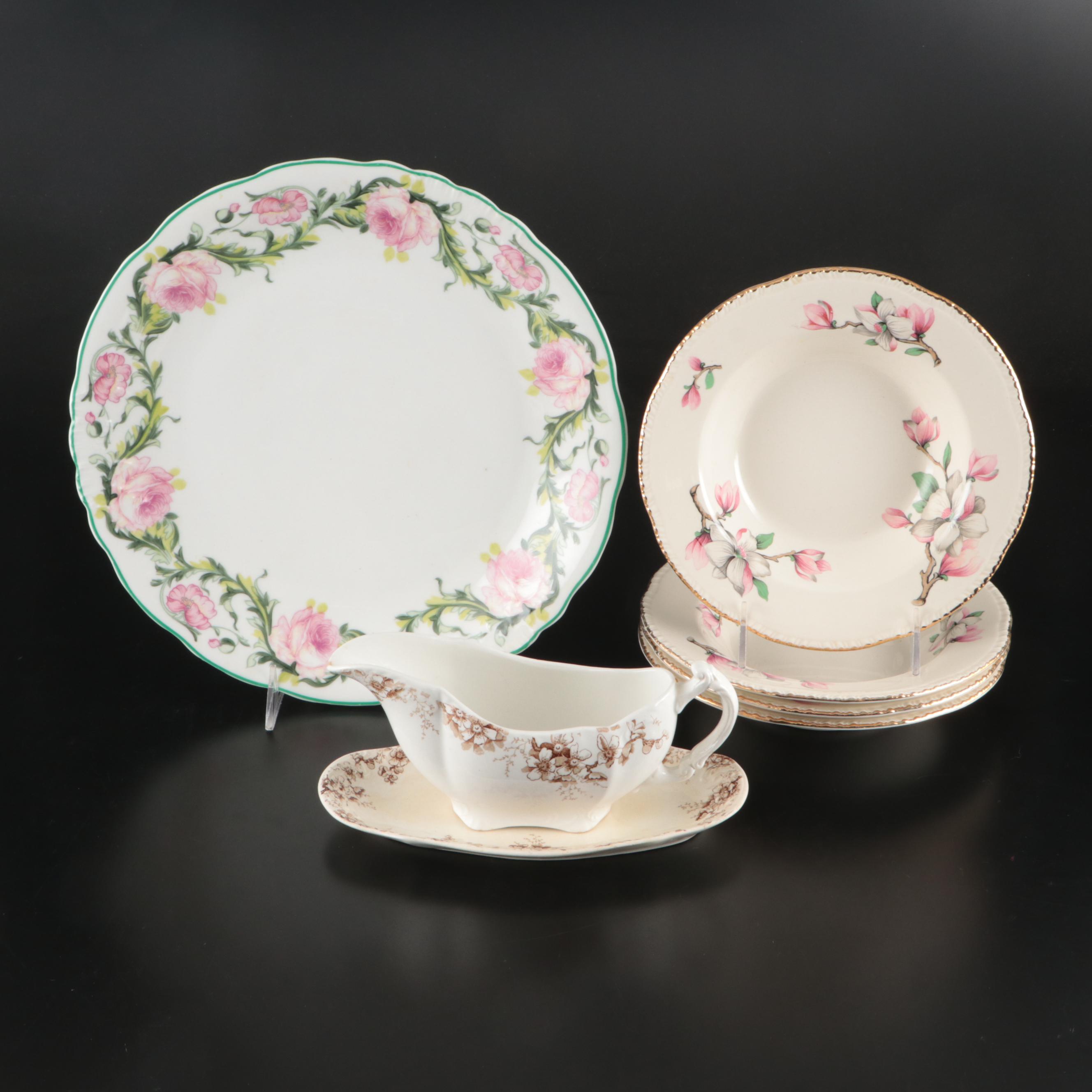 Johnson Bros. "Peach Royal" Porcelain Gravy Boat with Other Floral Tableware