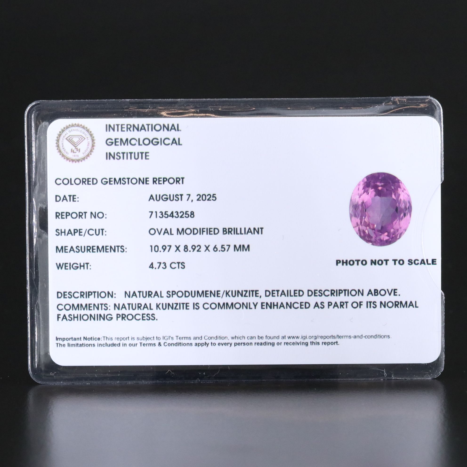 Loose 4.73 CT Kunzite with IGI Report