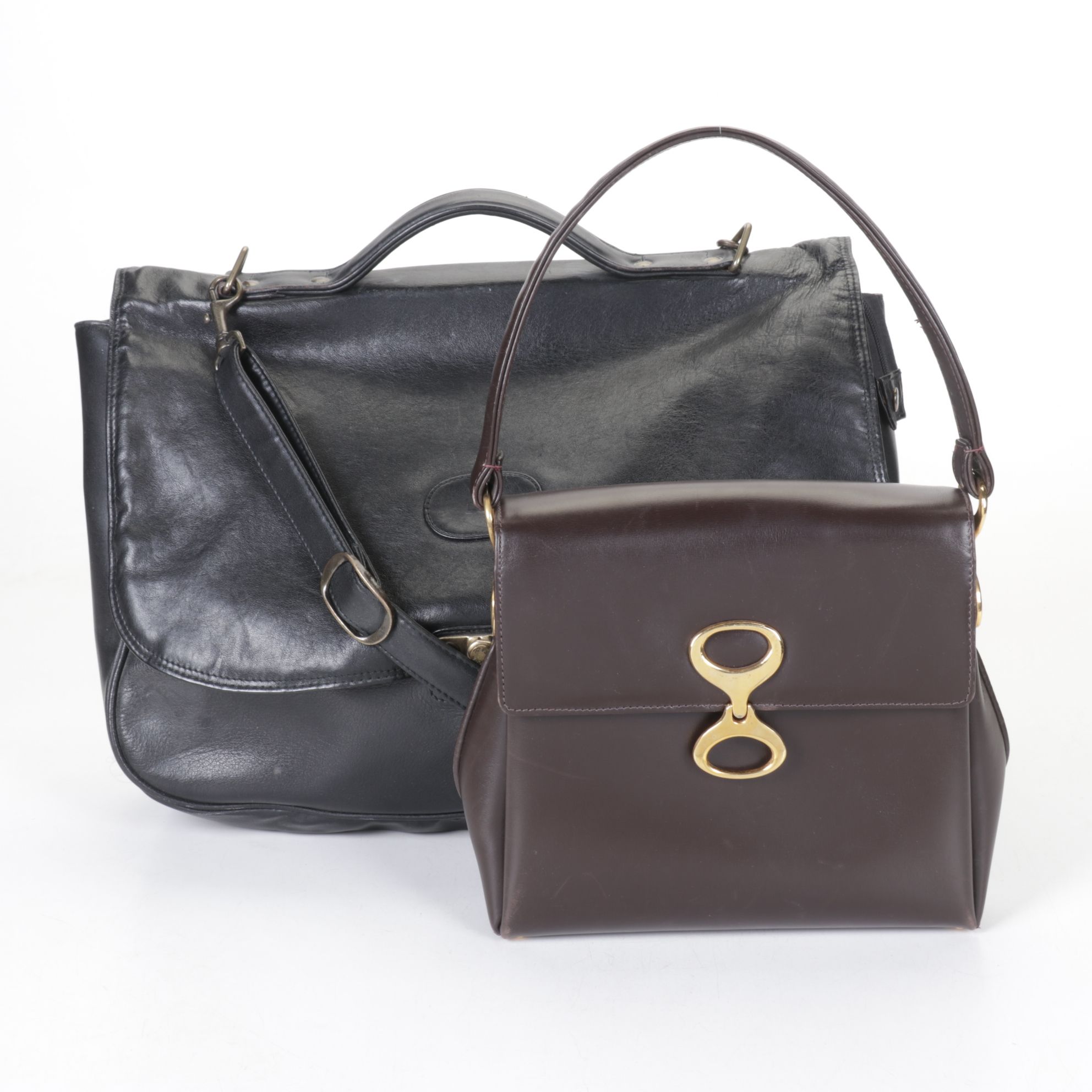 Brown Leather Handbag with Black Leather Cross-Body Messenger Bag