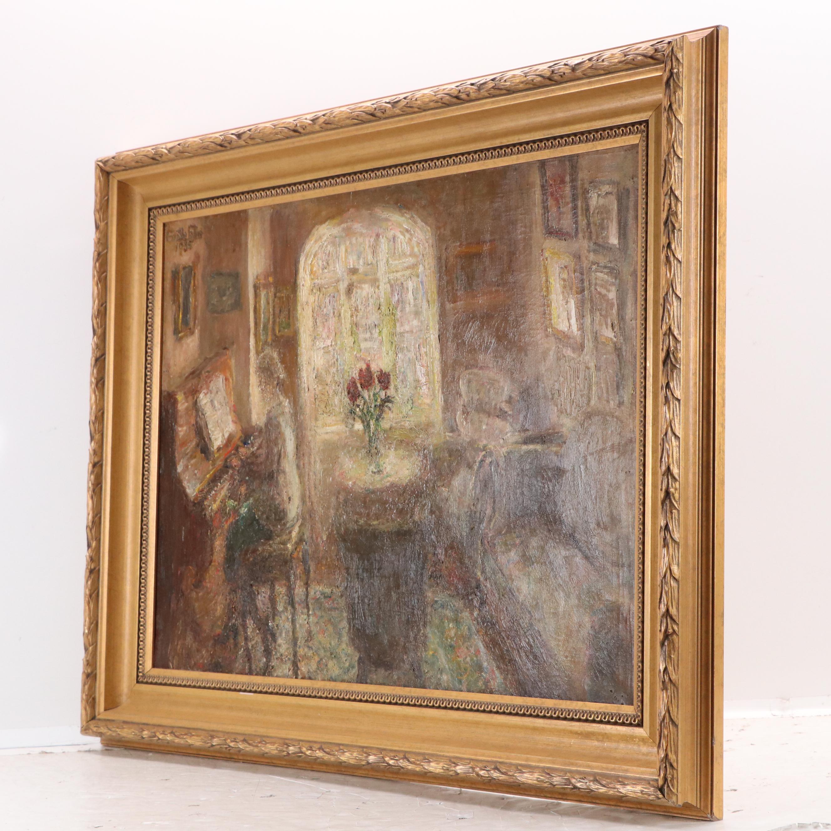 Grethe Faber Oil Painting of Interior Scene with Woman on the Piano, 1935