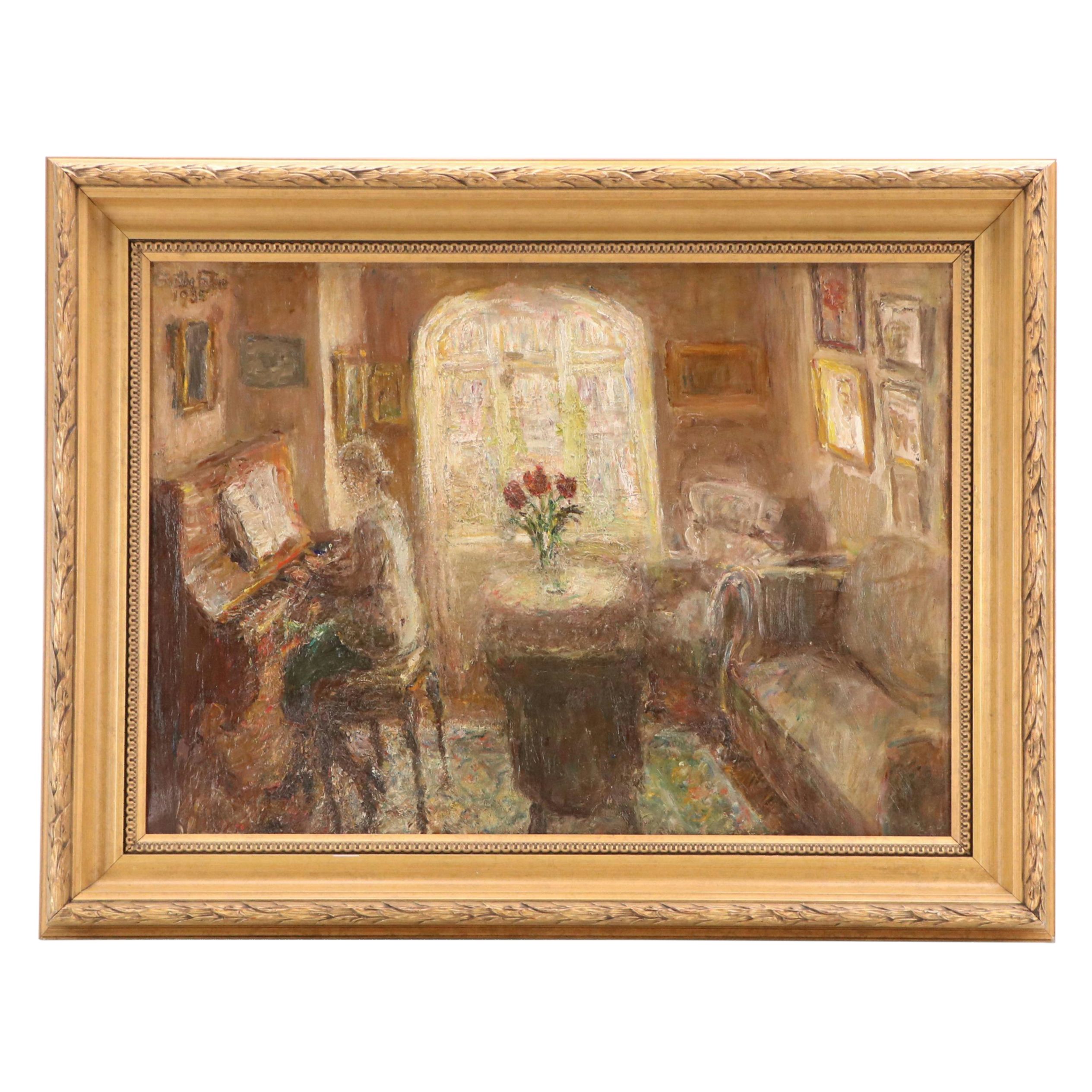 Grethe Faber Oil Painting of Interior Scene with Woman on the Piano, 1935