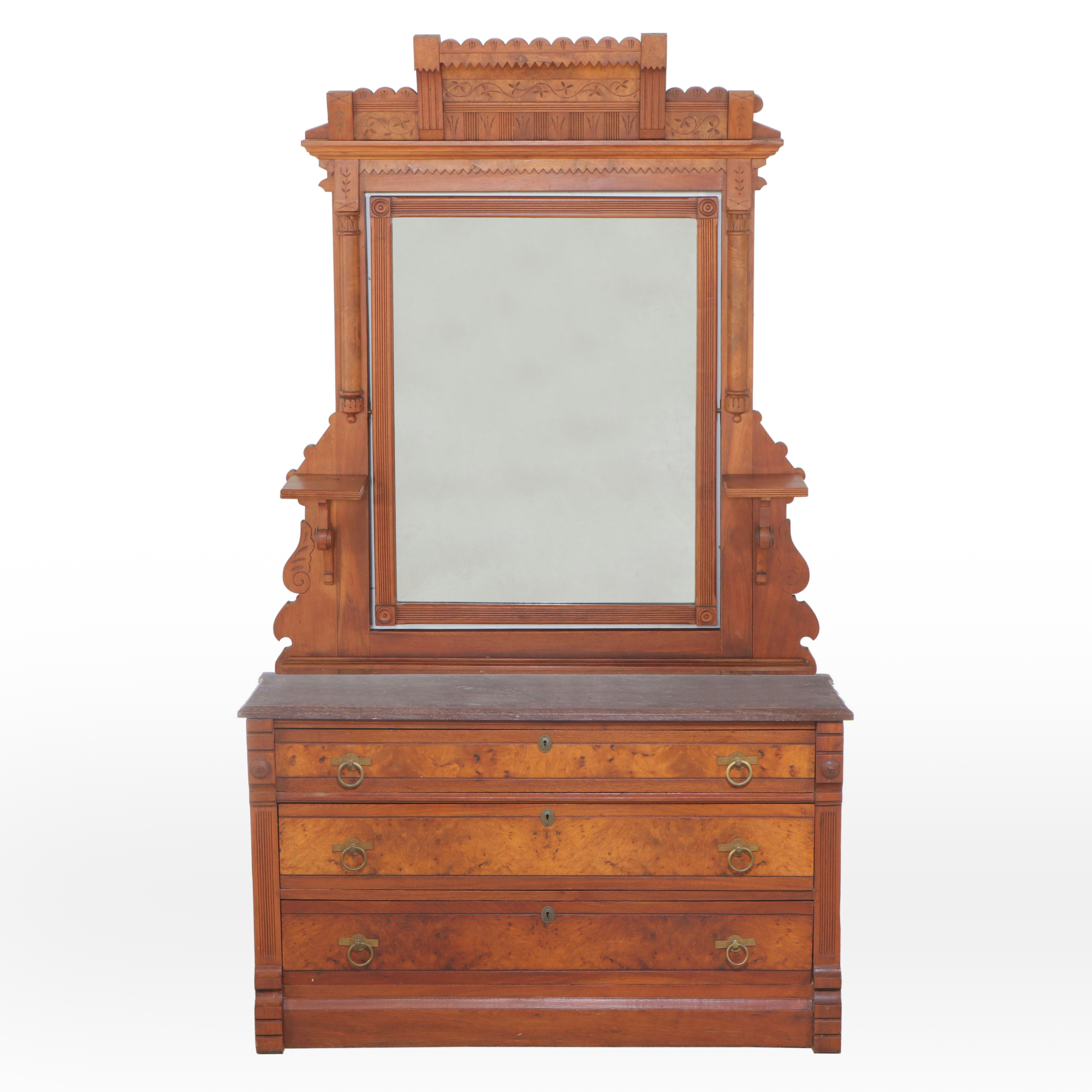 Victorian Eastlake Marble Top Mahogany and Burl Wood Dresser