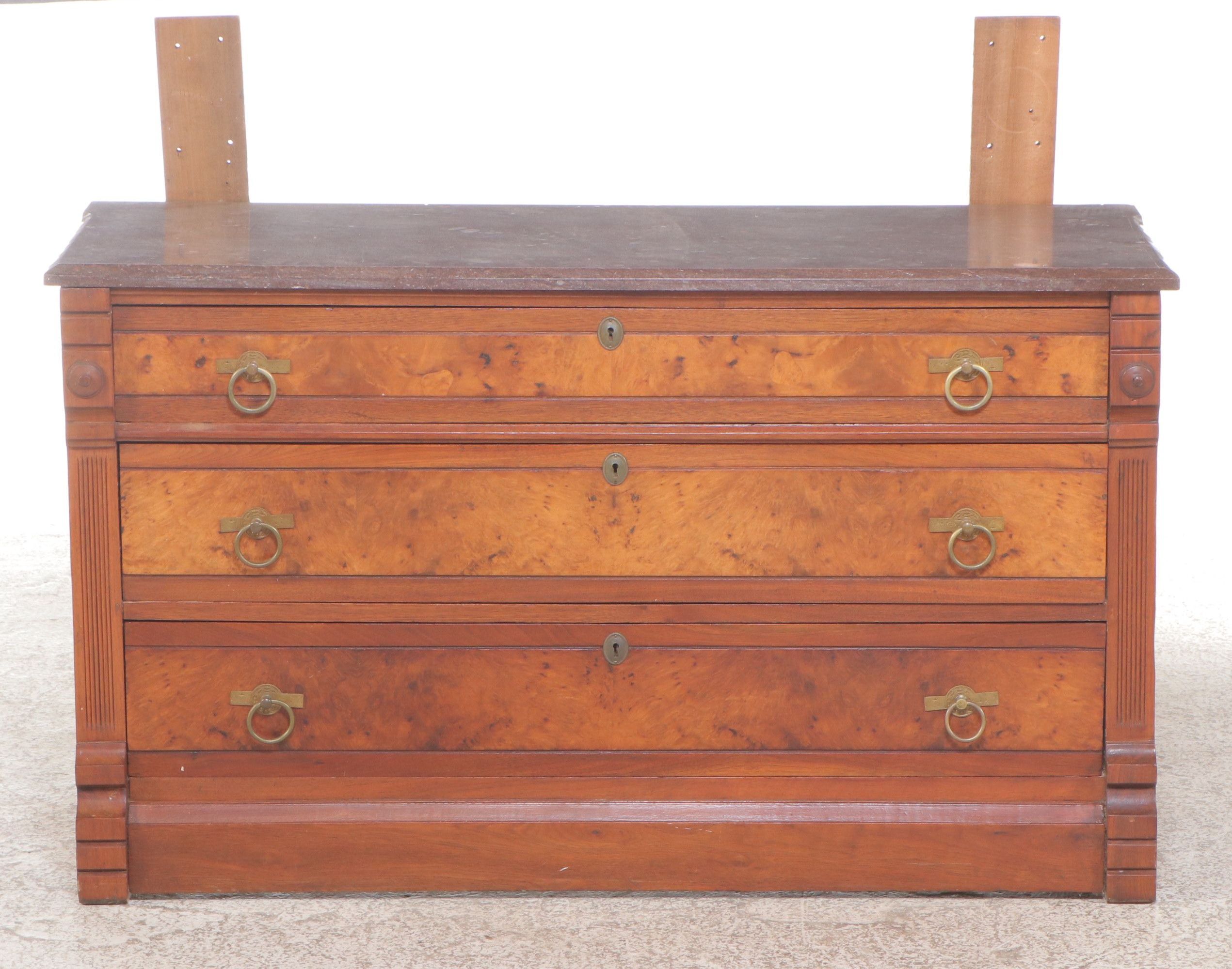Victorian Eastlake Marble Top Mahogany and Burl Wood Dresser