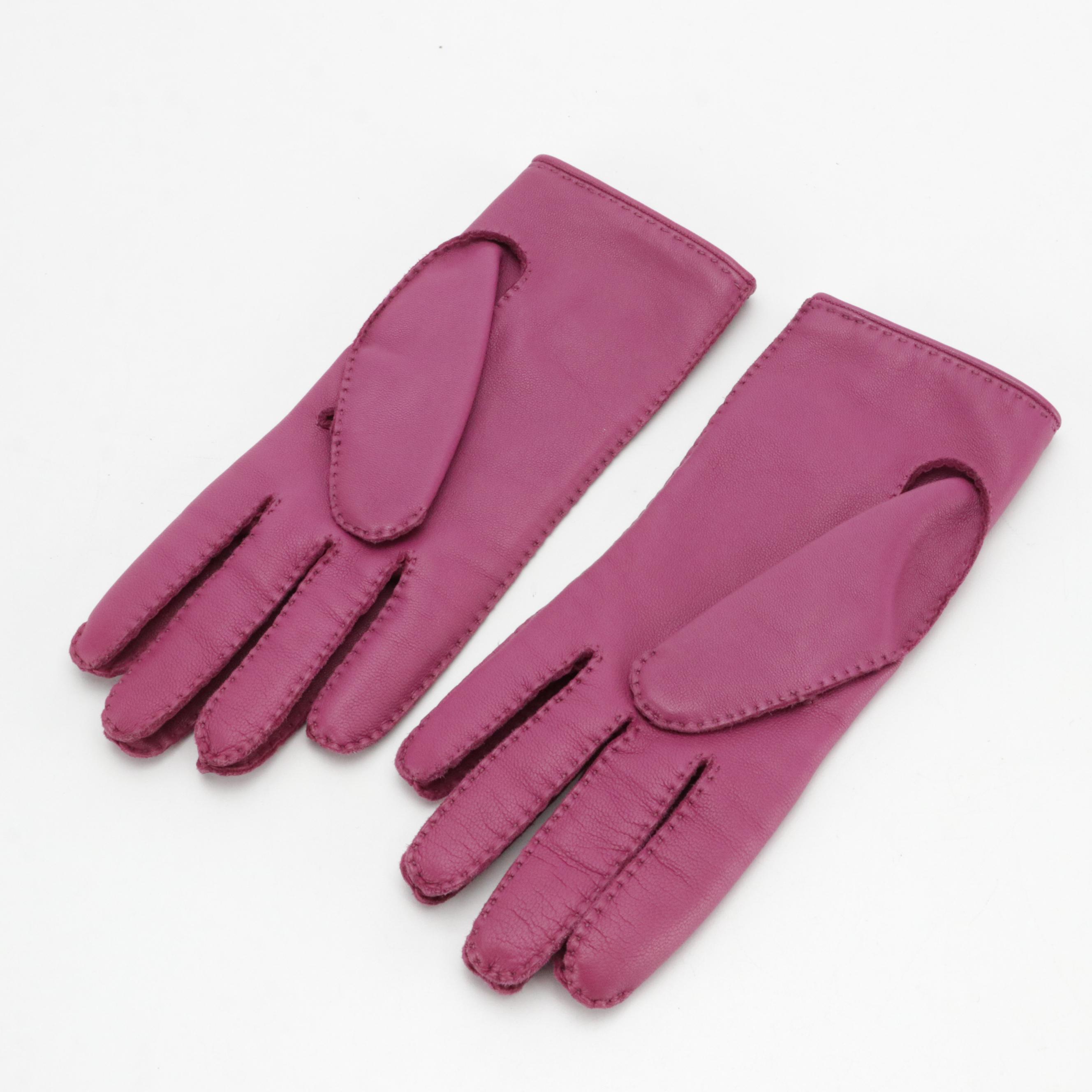 Hermès Magenta Lambskin Leather Gloves in Box