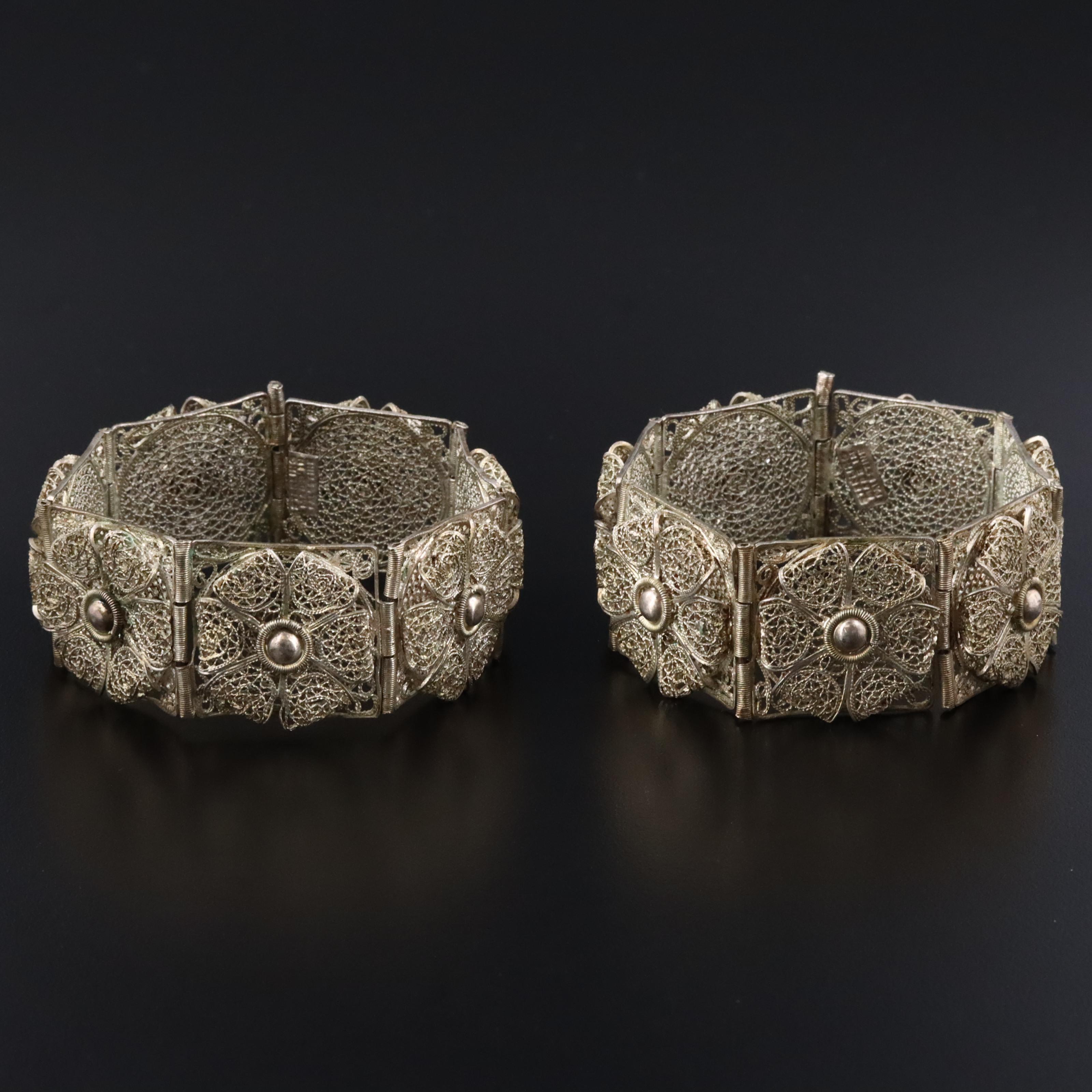 Pair of Palestinian Sterling Cannetille Floral Bracelets