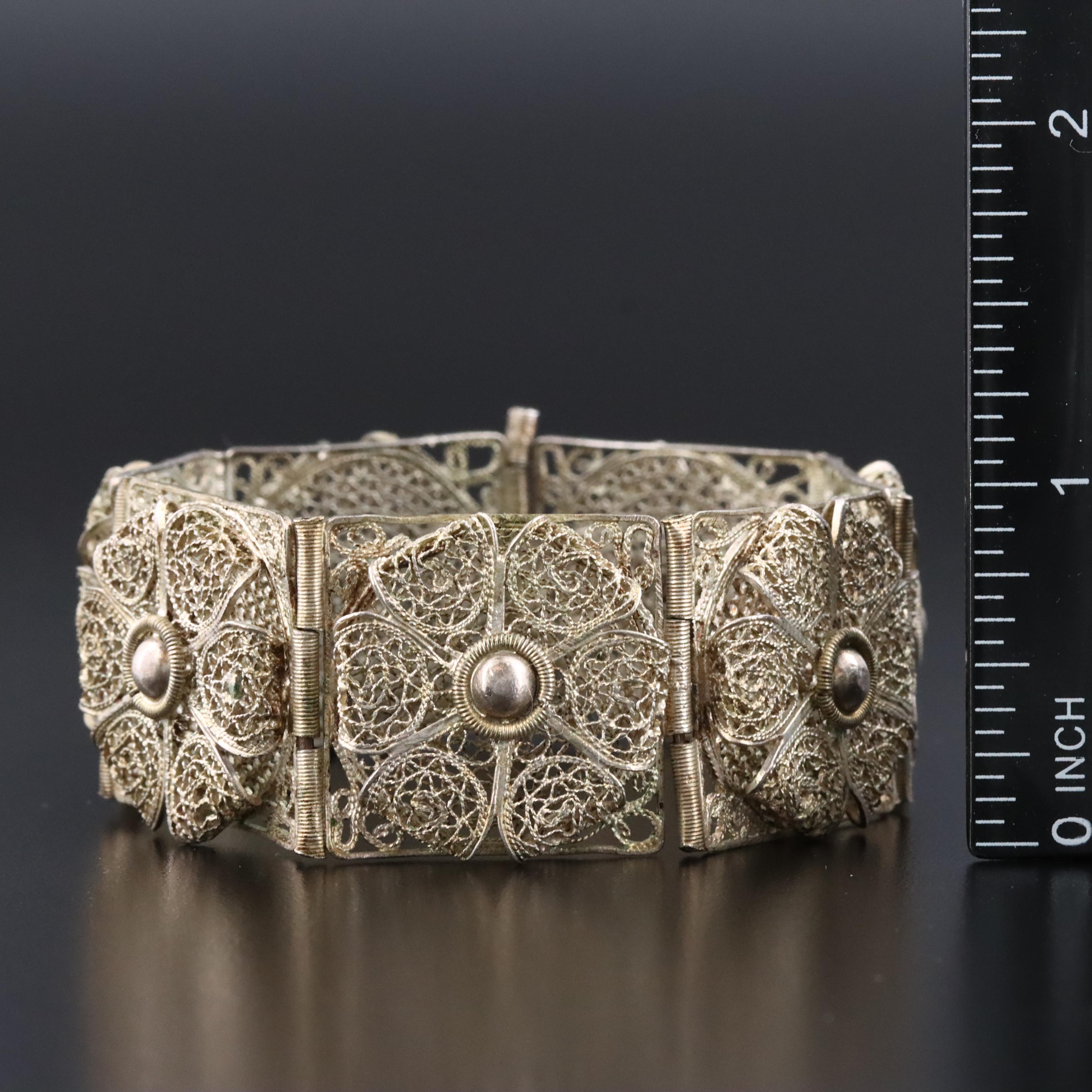 Pair of Palestinian Sterling Cannetille Floral Bracelets