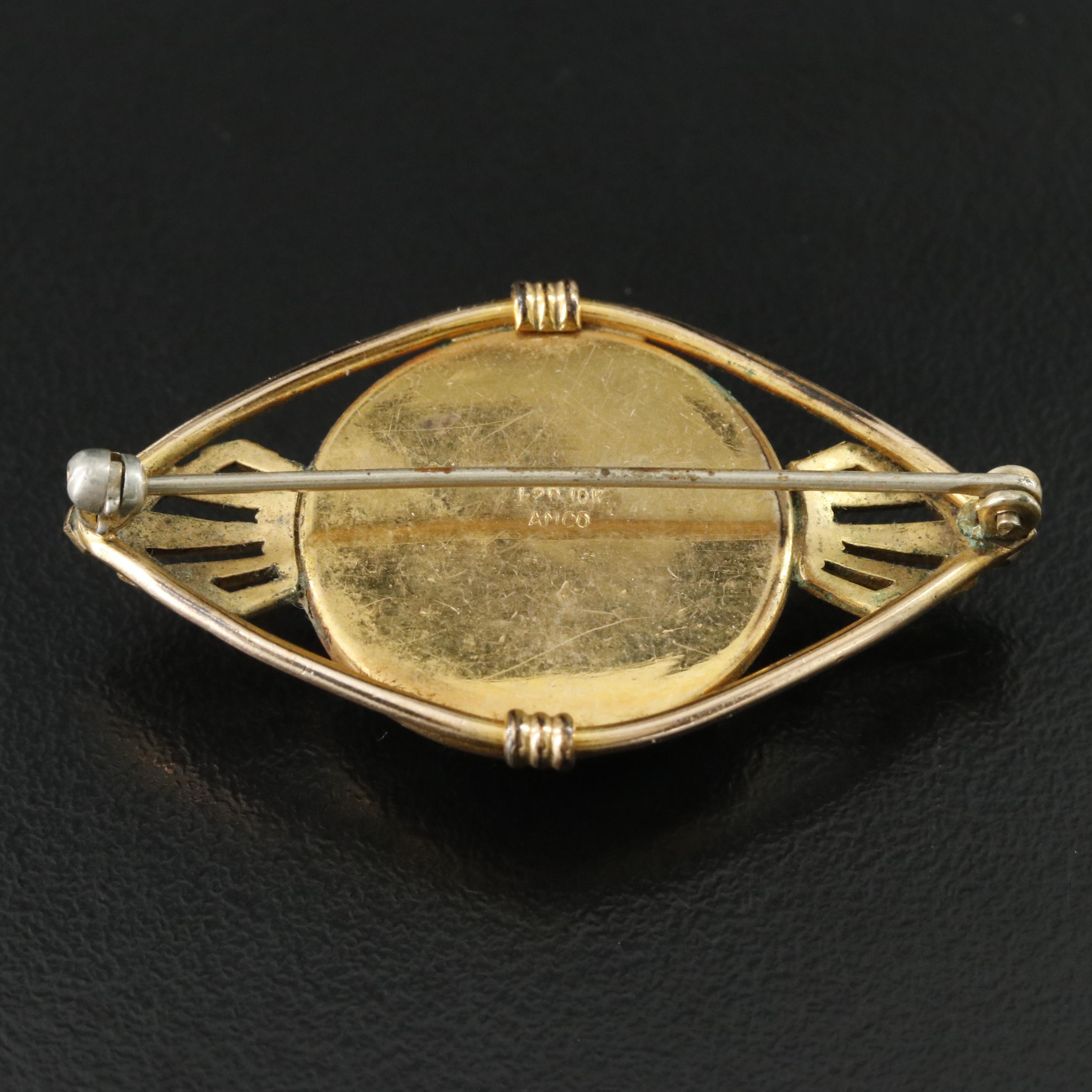 1930s Deco Reverse Painted Over Mother-of-Pearl Equestrian Pin