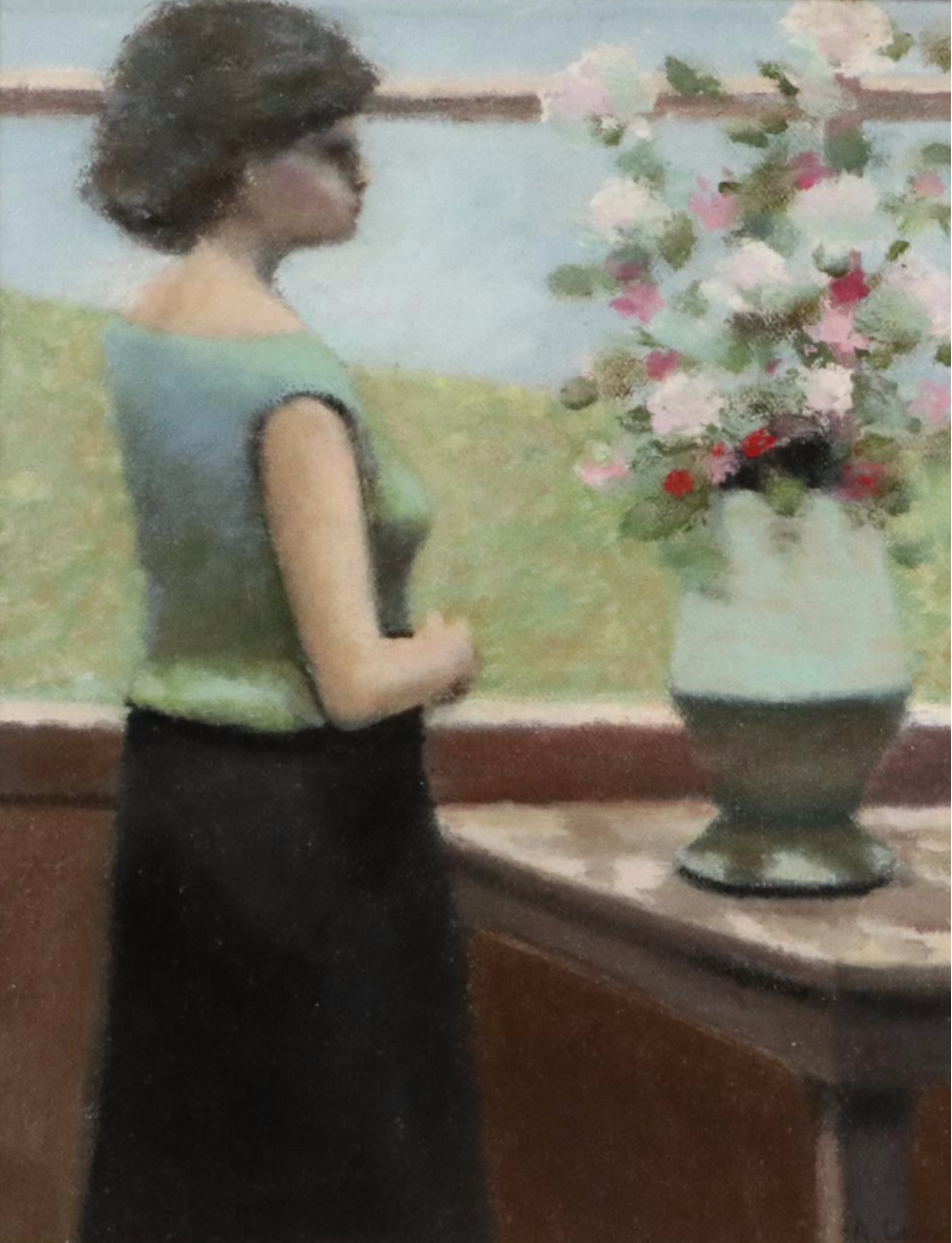 Alan Cours Oil Painting of Woman with Floral Arrangement, 21st Century