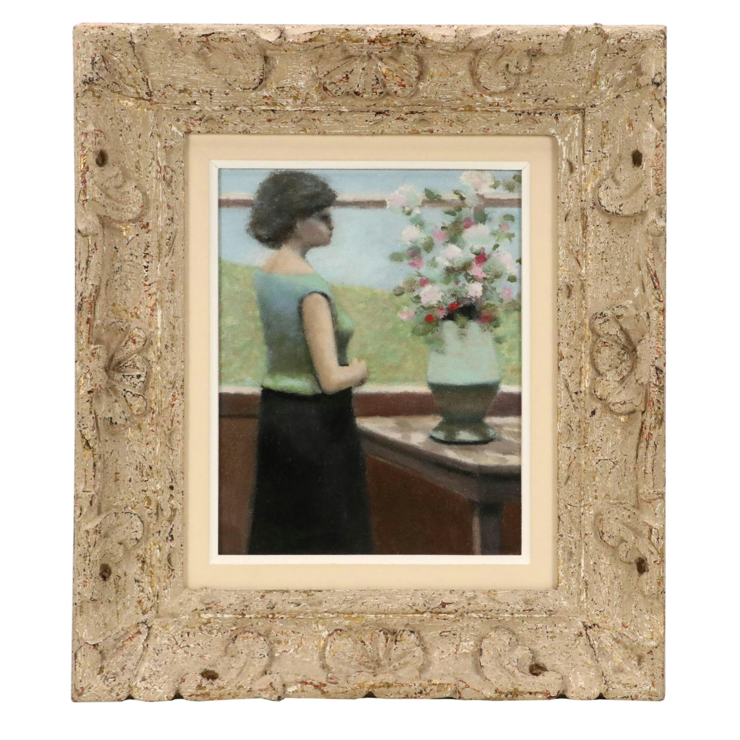 Alan Cours Oil Painting of Woman with Floral Arrangement, 21st Century