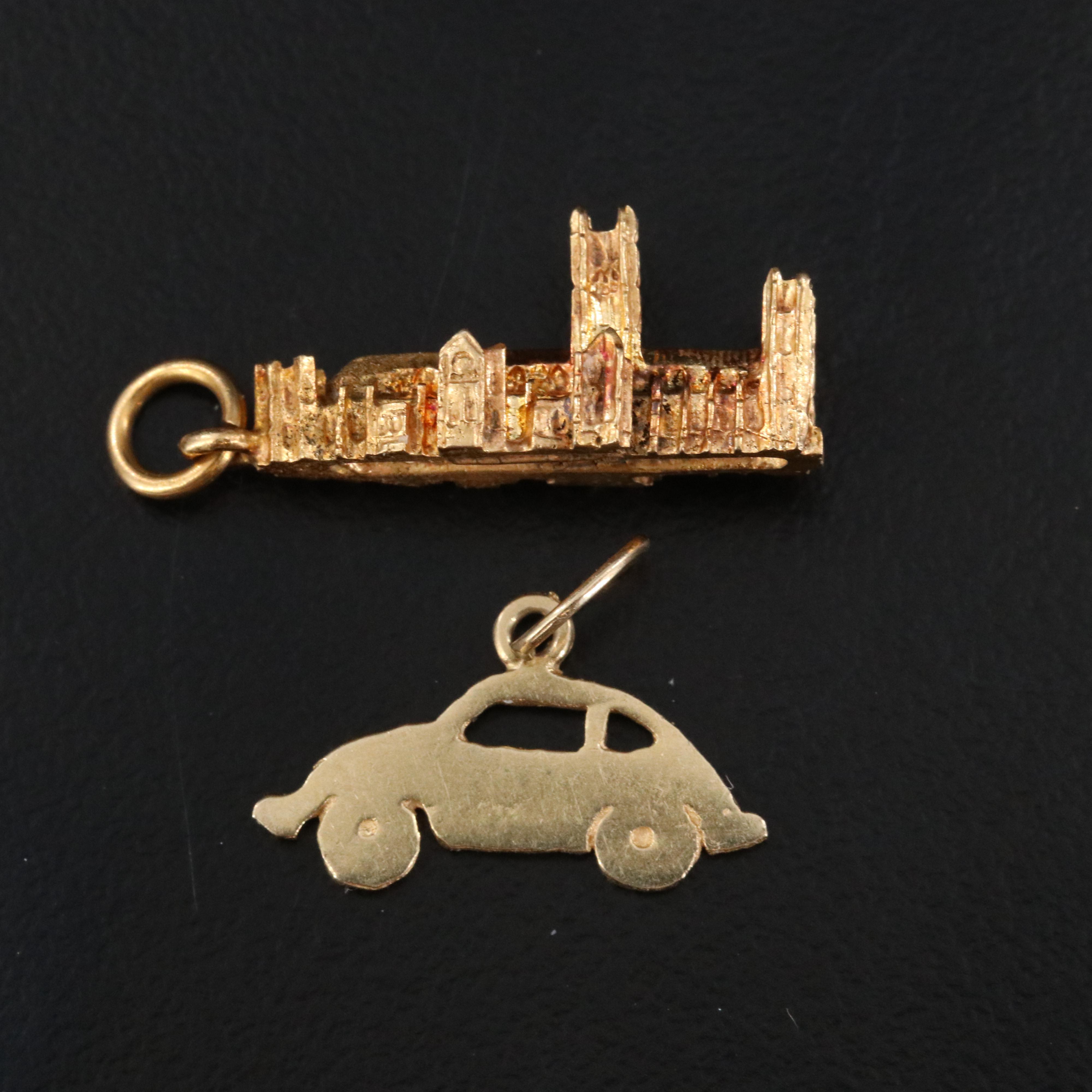 English 9K Canterbury, England and 14K Car Travel Charm Pendants