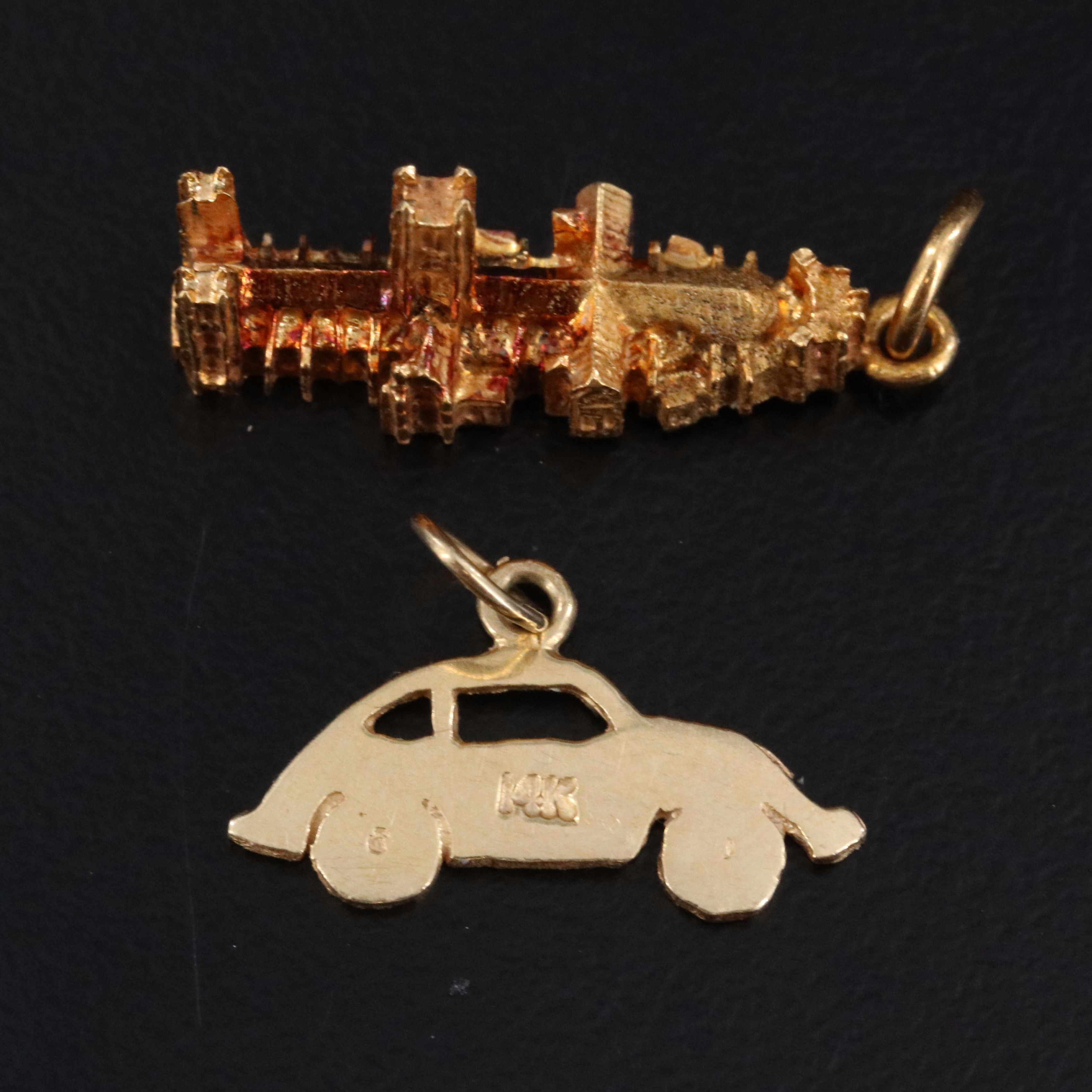 English 9K Canterbury, England and 14K Car Travel Charm Pendants