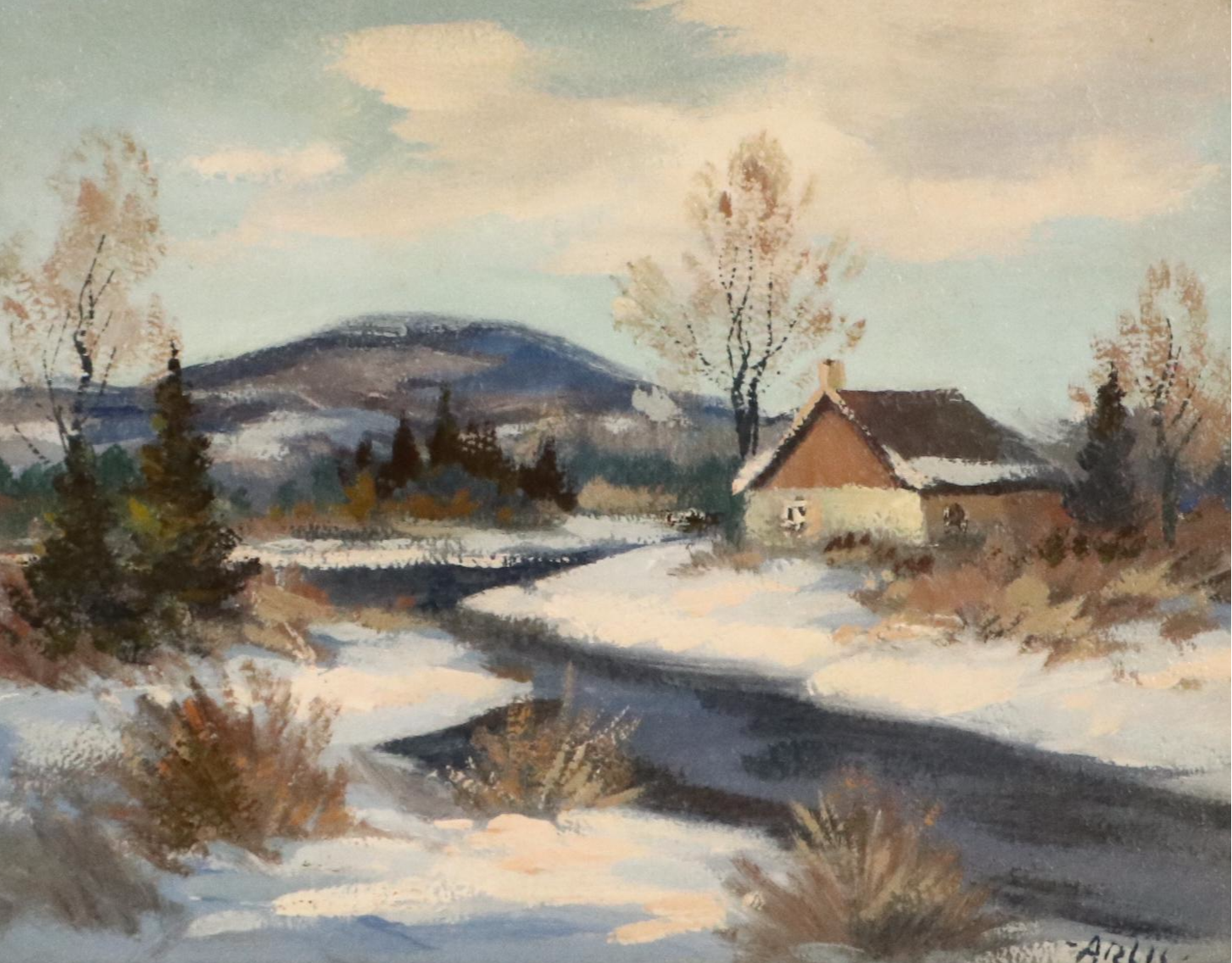 T. Arlis Oil Painting of Winter Landscape with Cabin, Late 20th Century