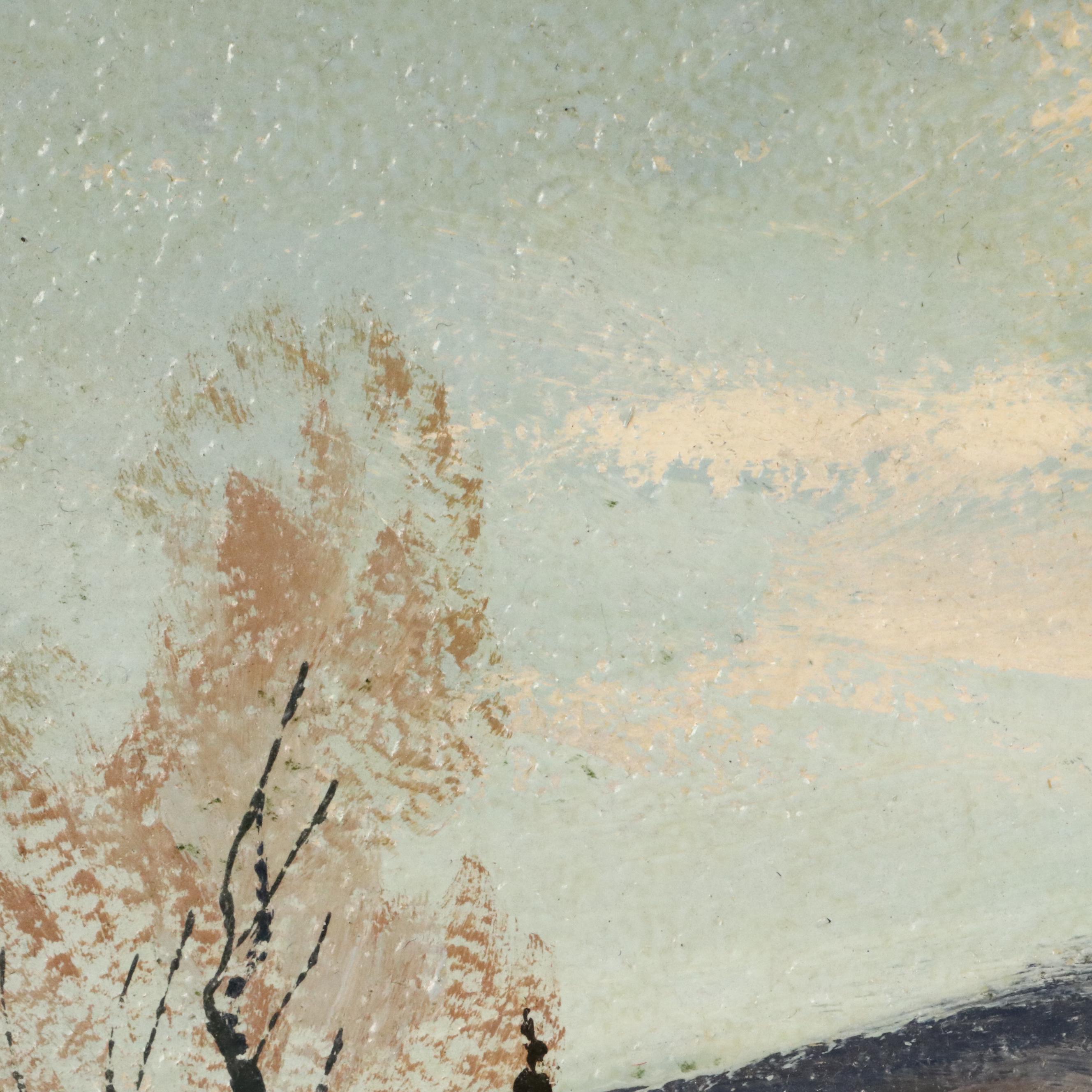 T. Arlis Oil Painting of Winter Landscape with Cabin, Late 20th Century