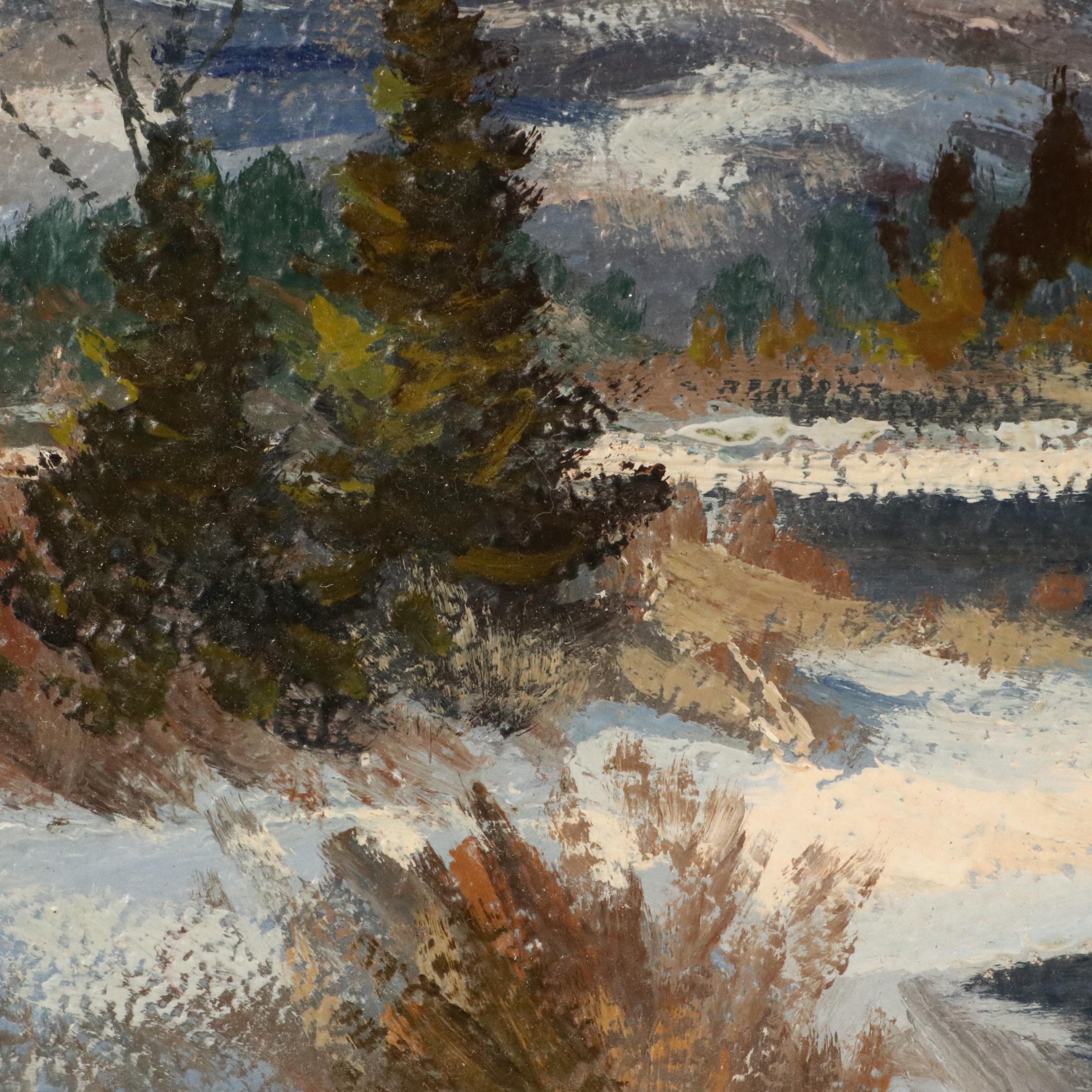 T. Arlis Oil Painting of Winter Landscape with Cabin, Late 20th Century