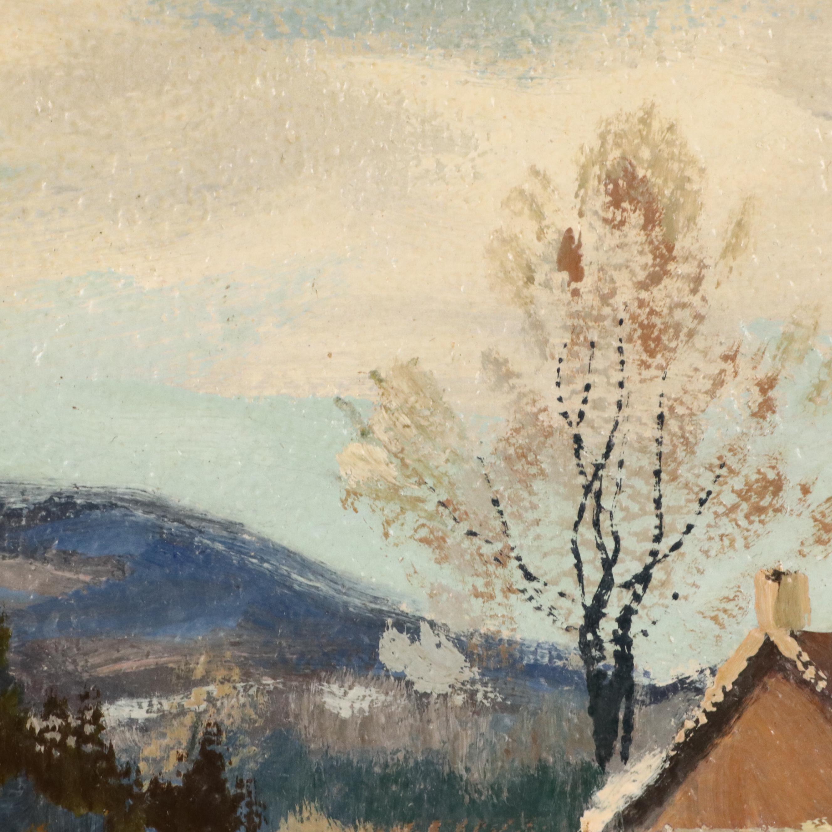 T. Arlis Oil Painting of Winter Landscape with Cabin, Late 20th Century