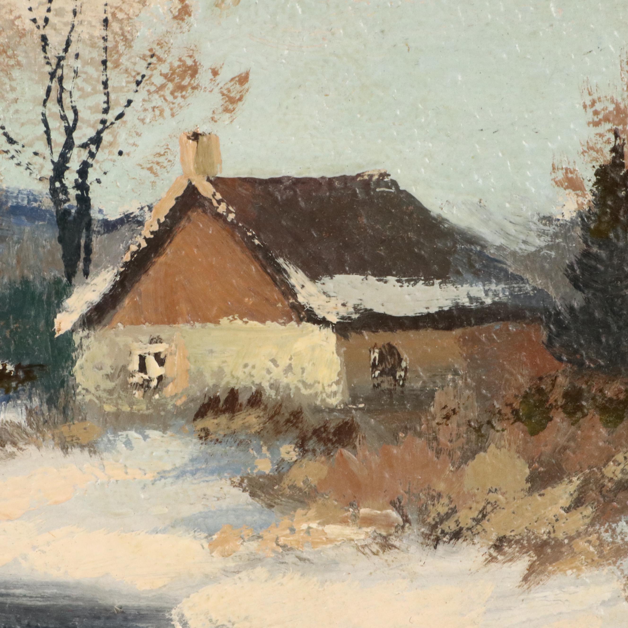 T. Arlis Oil Painting of Winter Landscape with Cabin, Late 20th Century