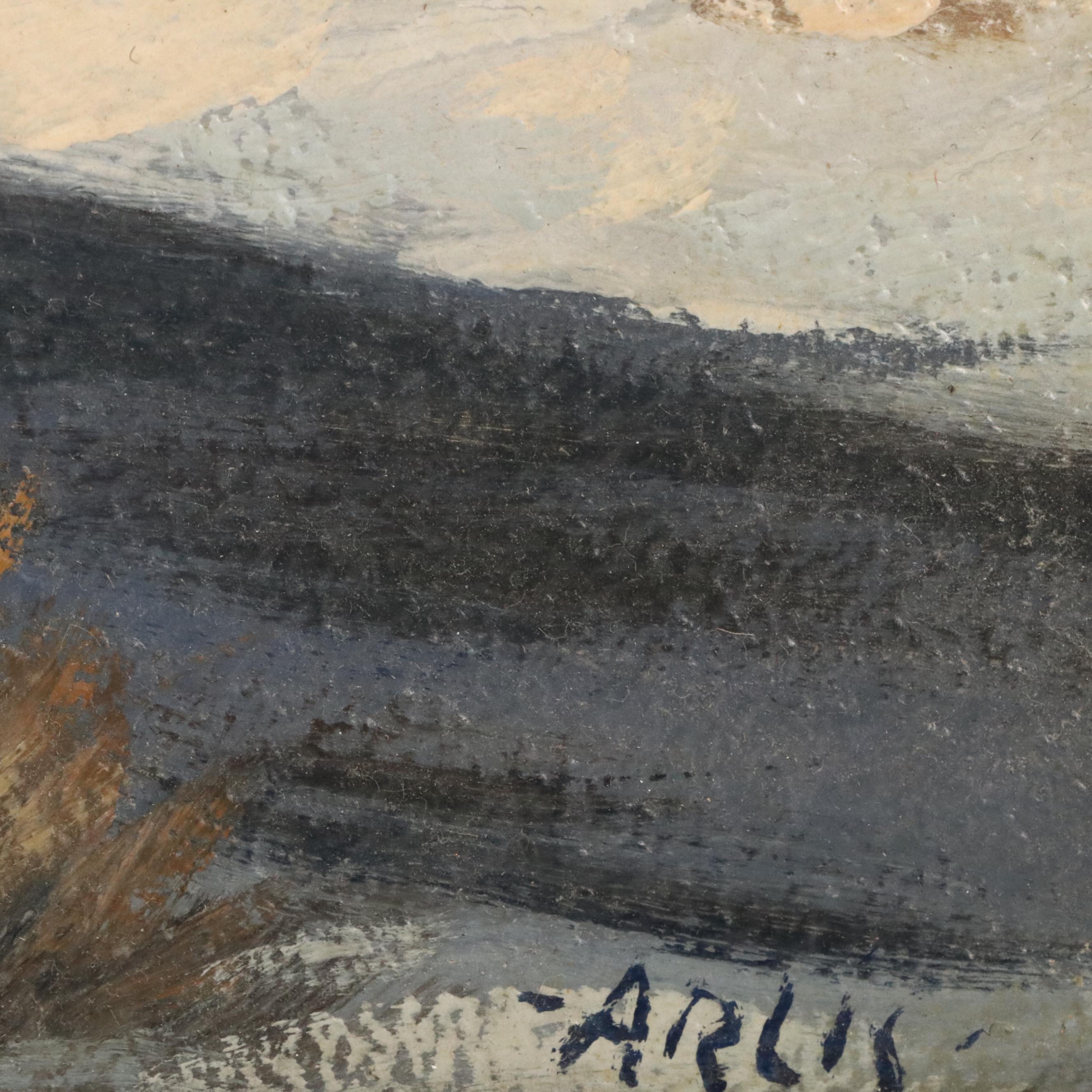 T. Arlis Oil Painting of Winter Landscape with Cabin, Late 20th Century