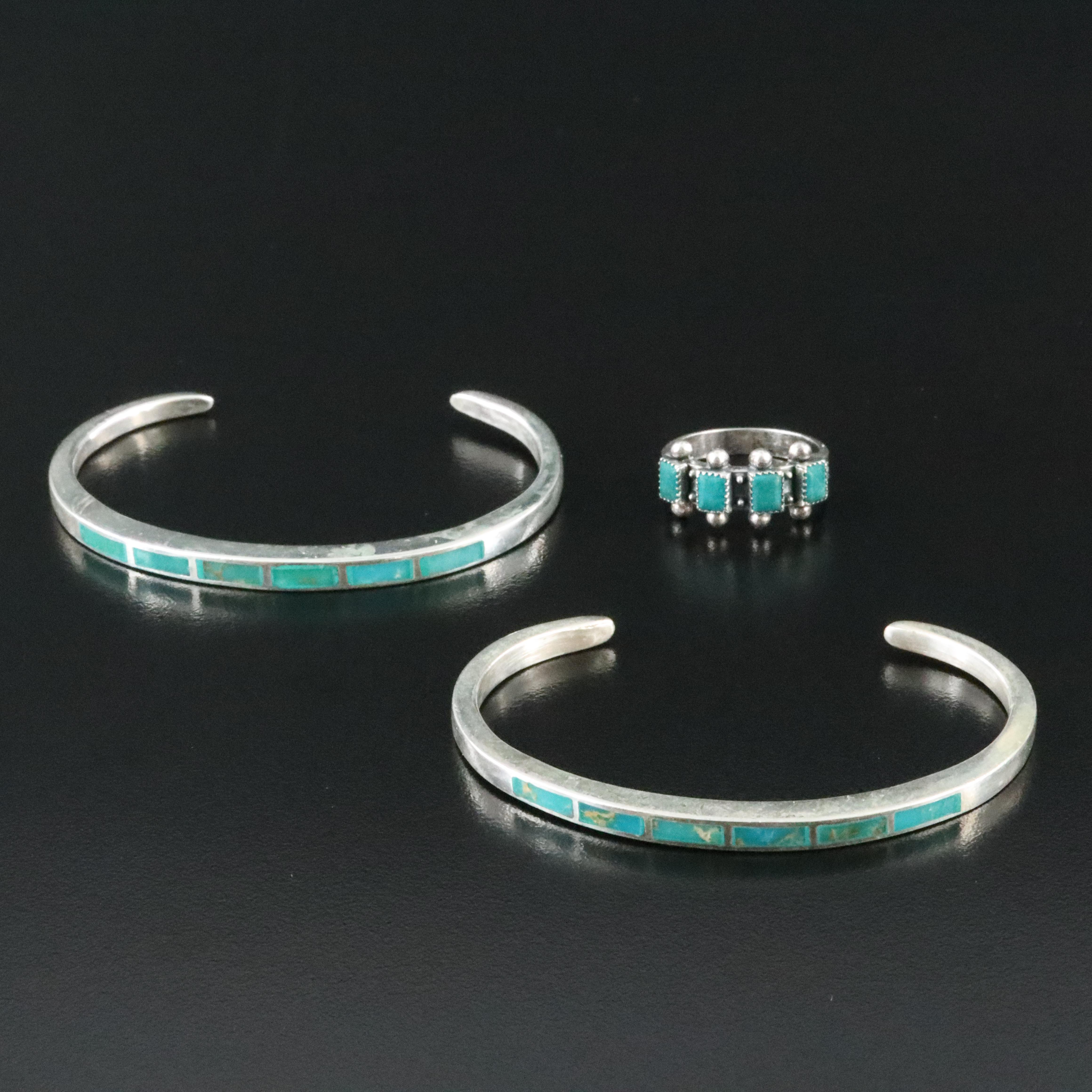 Southwestern Sterling Ring and Turquoise Inlay Cuffs