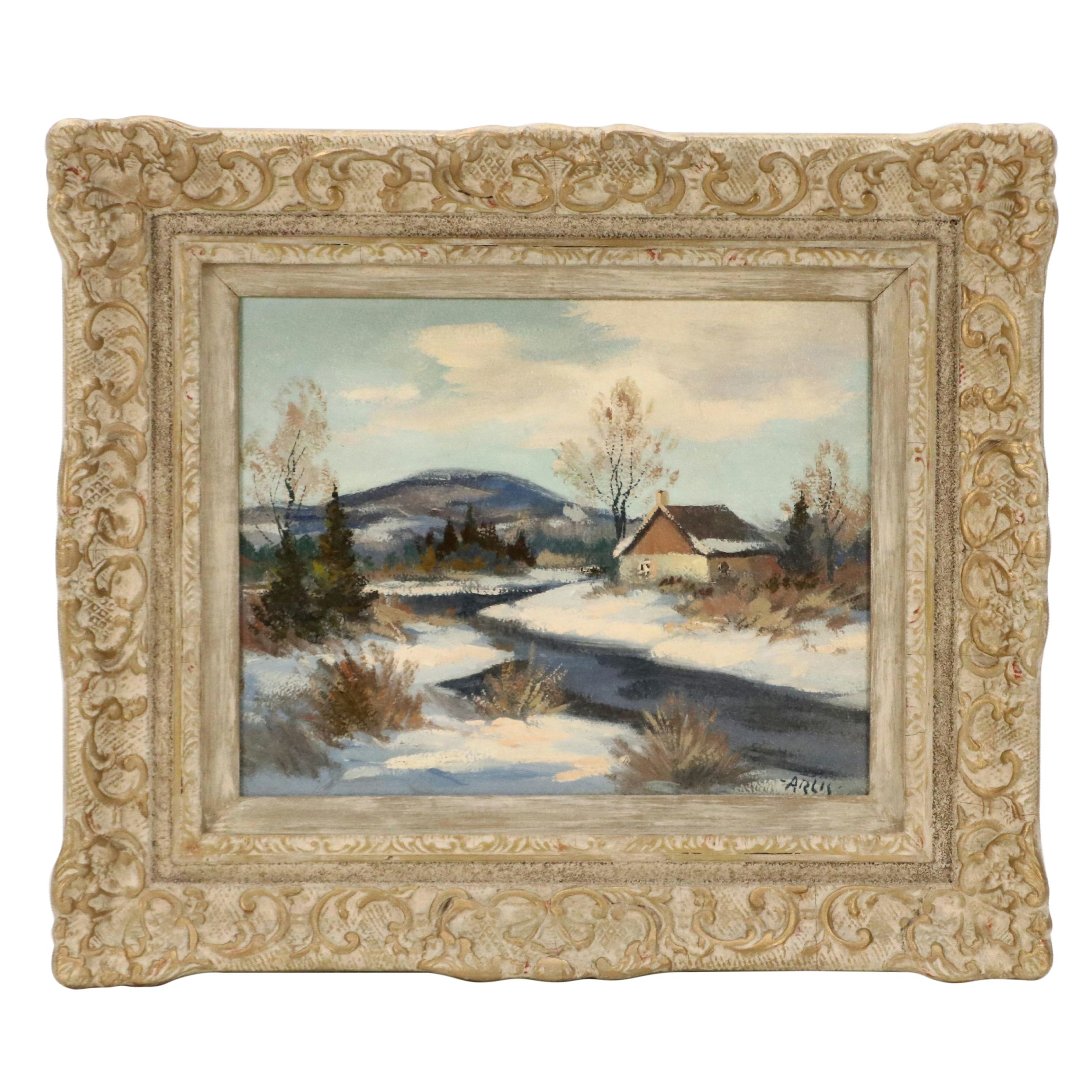 T. Arlis Oil Painting of Winter Landscape with Cabin, Late 20th Century