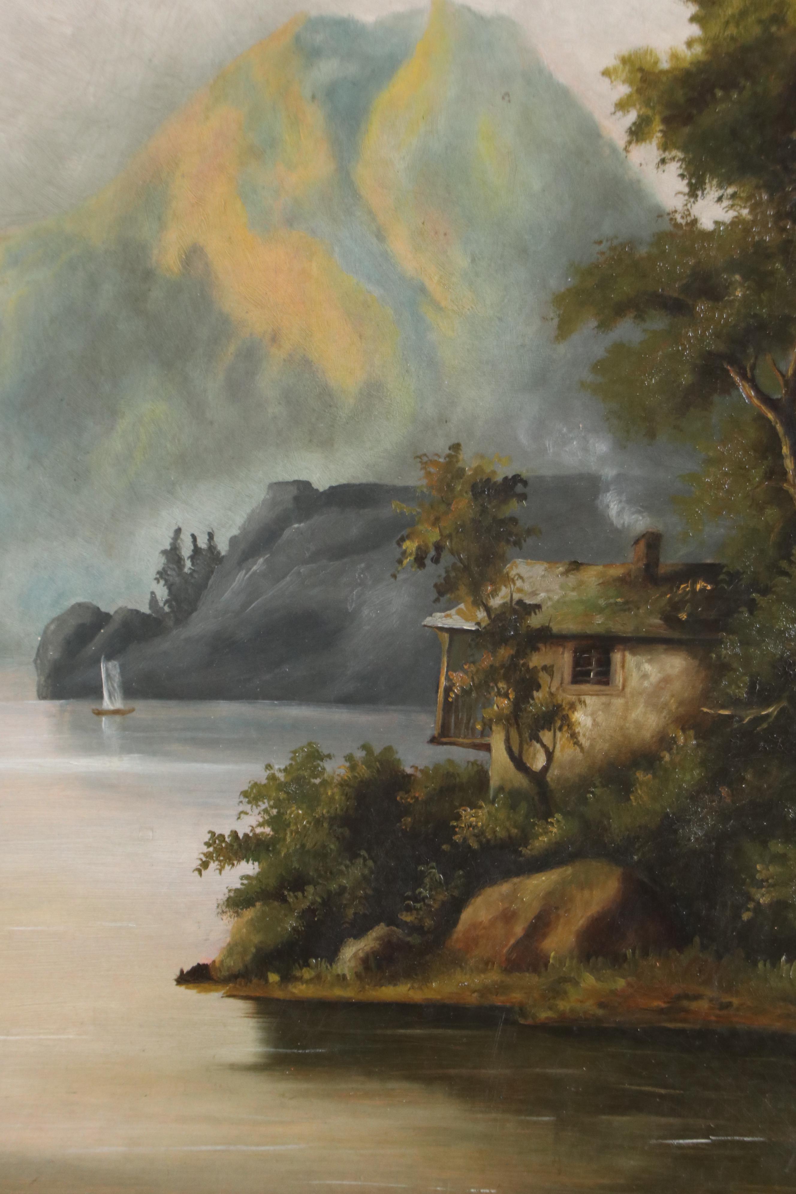 European School Lake Landscape Oil Painting, Early 20th Century