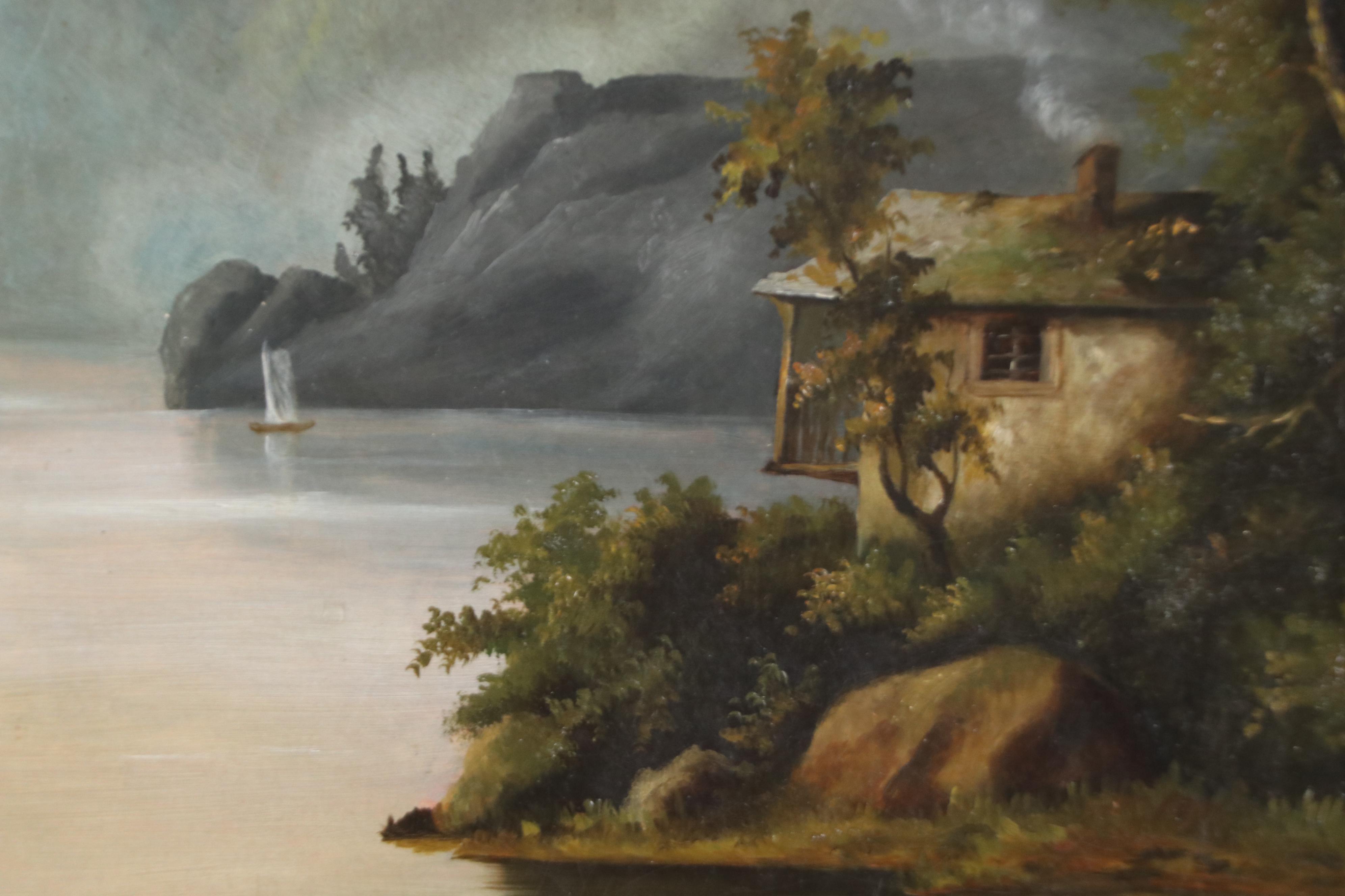 European School Lake Landscape Oil Painting, Early 20th Century
