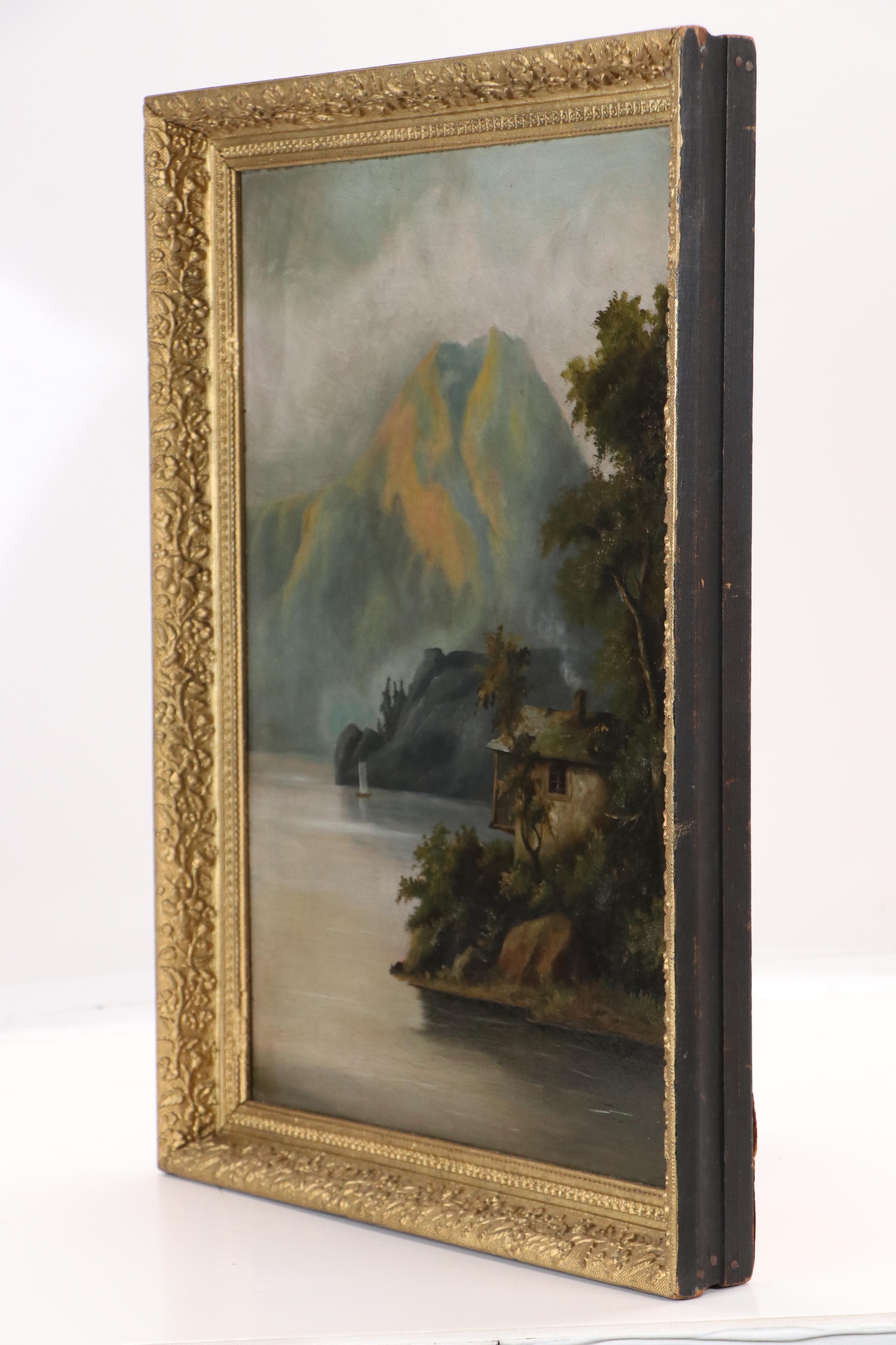 European School Lake Landscape Oil Painting, Early 20th Century