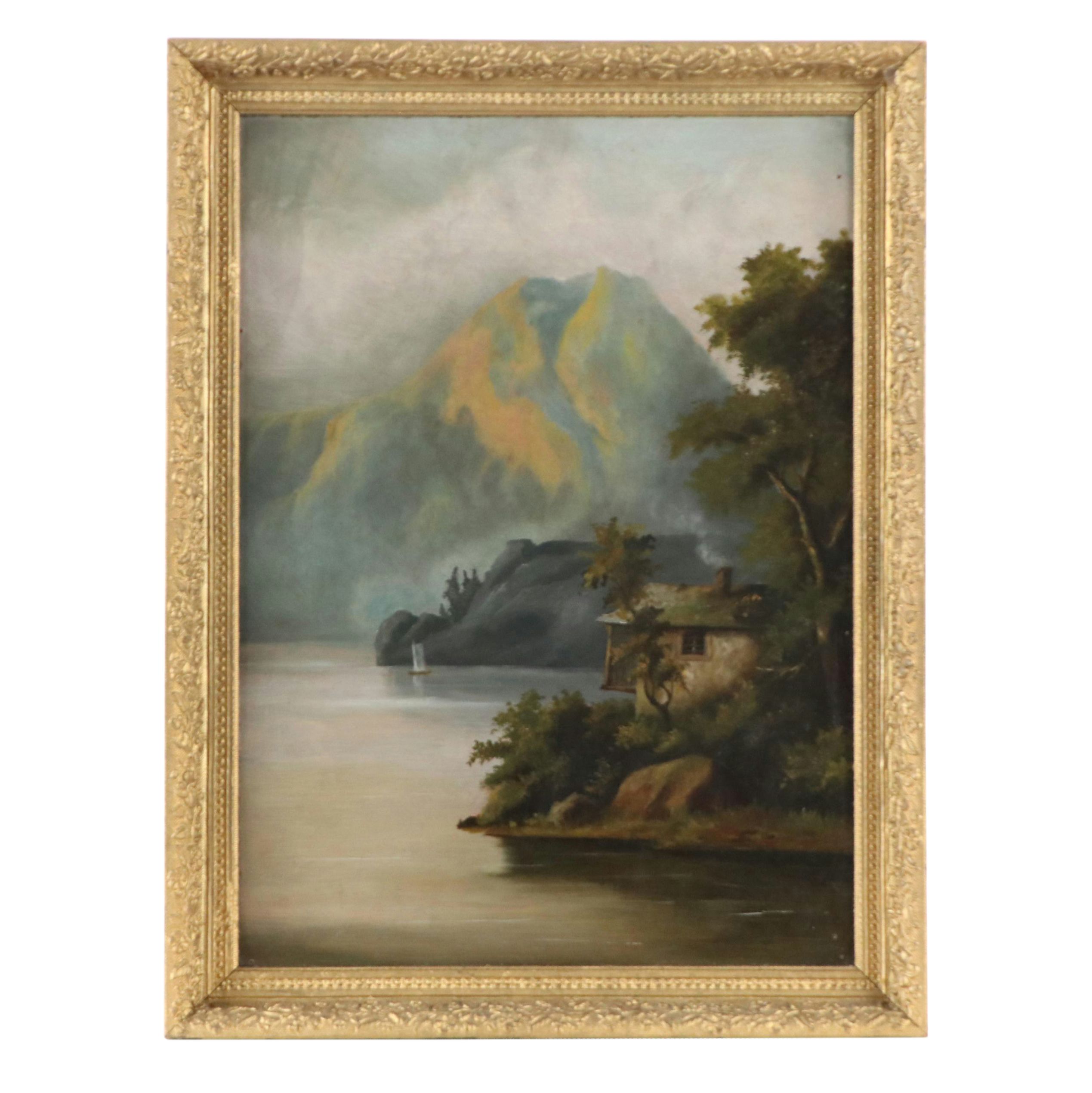 European School Lake Landscape Oil Painting, Early 20th Century