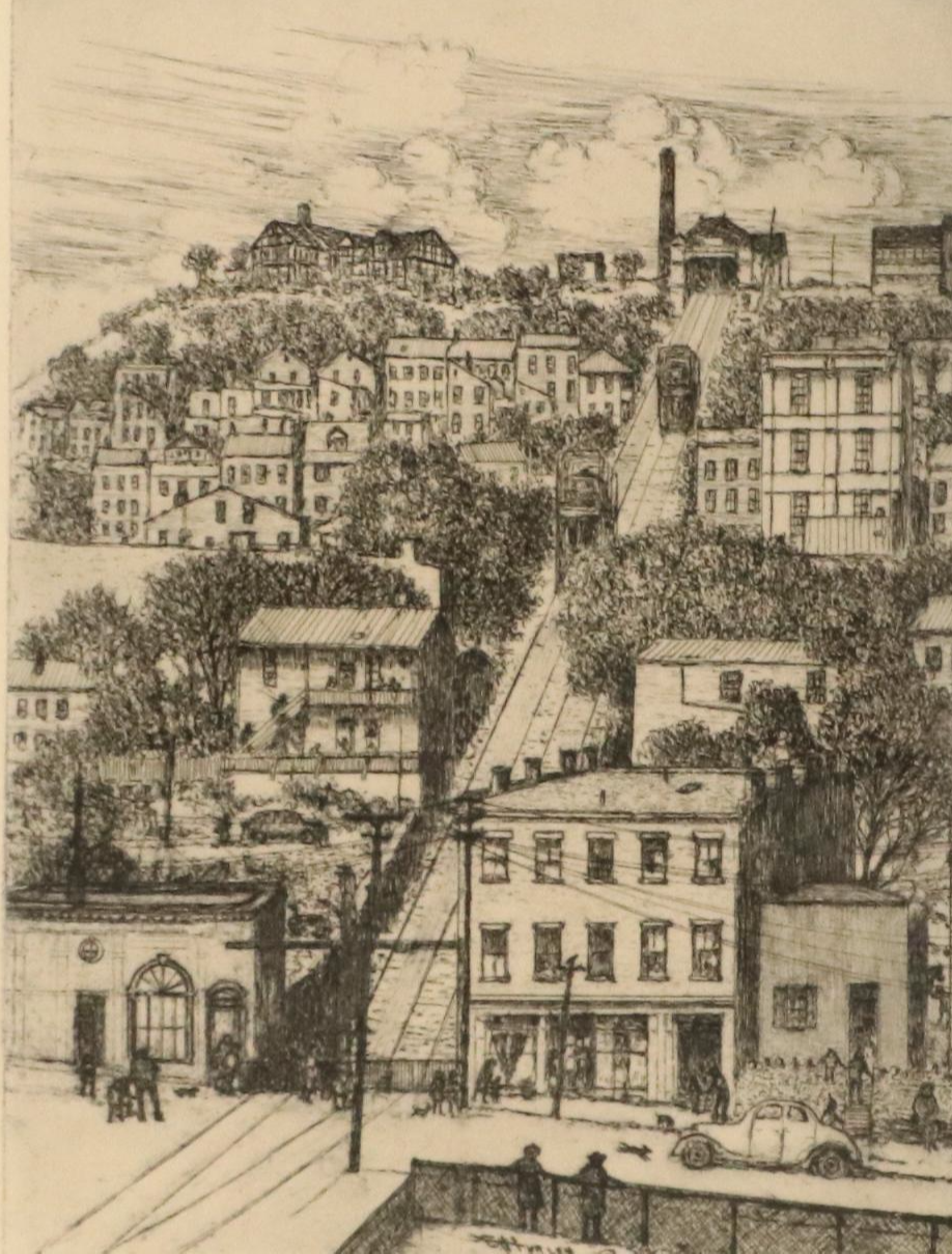 Edward T. Hurley Etching of Cincinnati Scene with Incline Car, 20th Century
