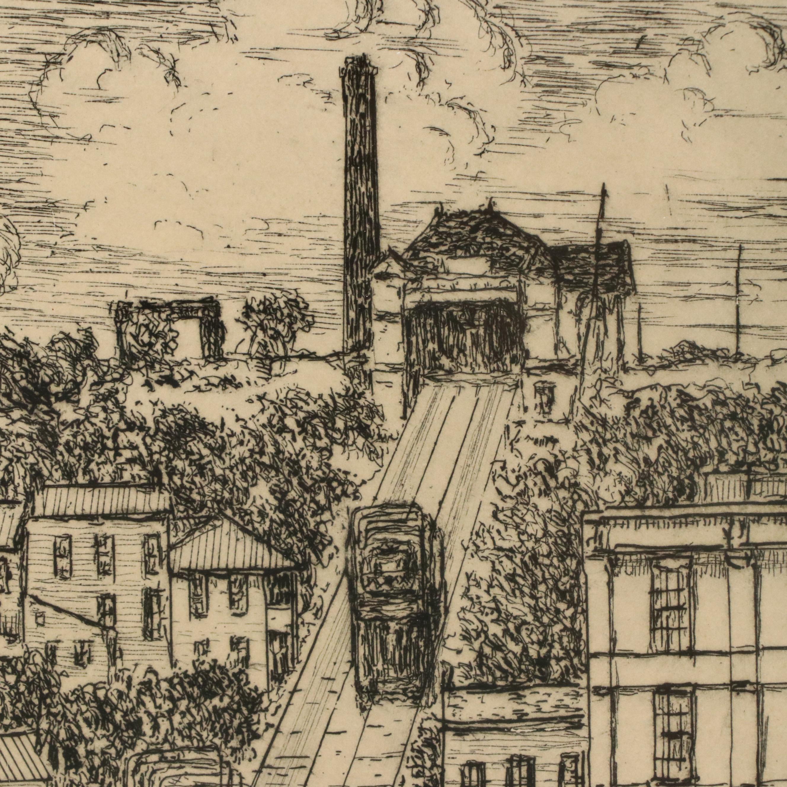 Edward T. Hurley Etching of Cincinnati Scene with Incline Car, 20th Century