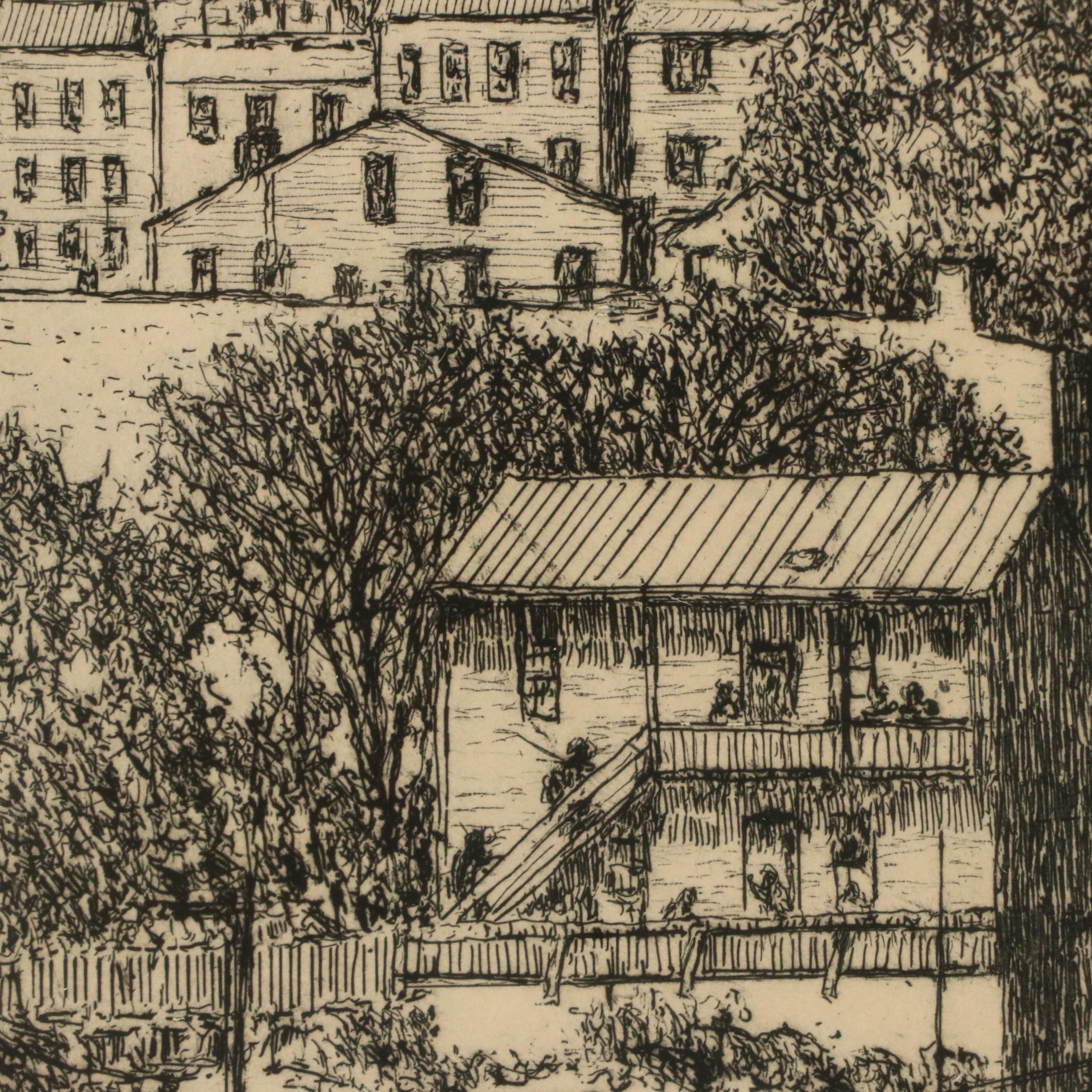 Edward T. Hurley Etching of Cincinnati Scene with Incline Car, 20th Century