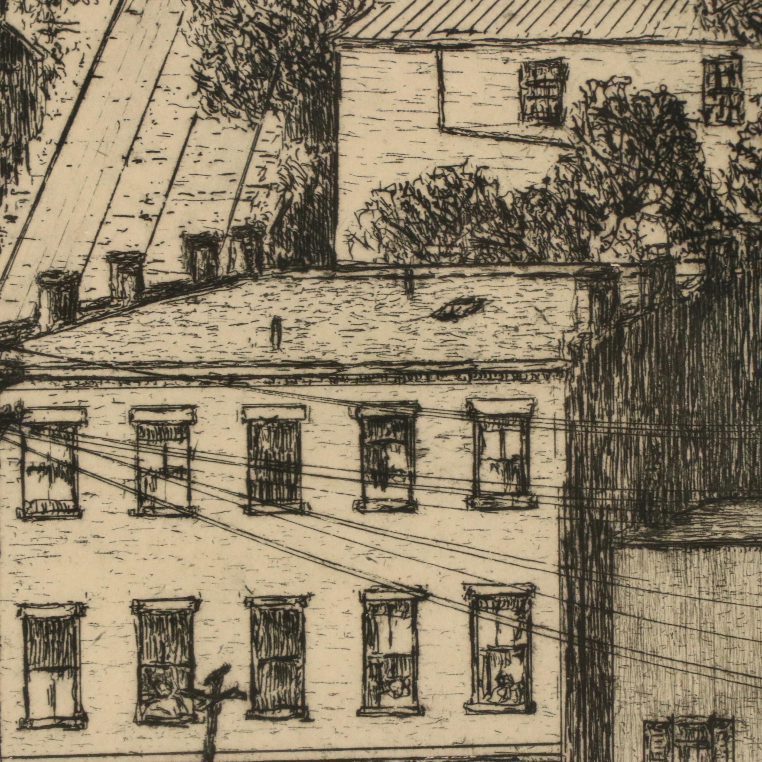 Edward T. Hurley Etching of Cincinnati Scene with Incline Car, 20th Century