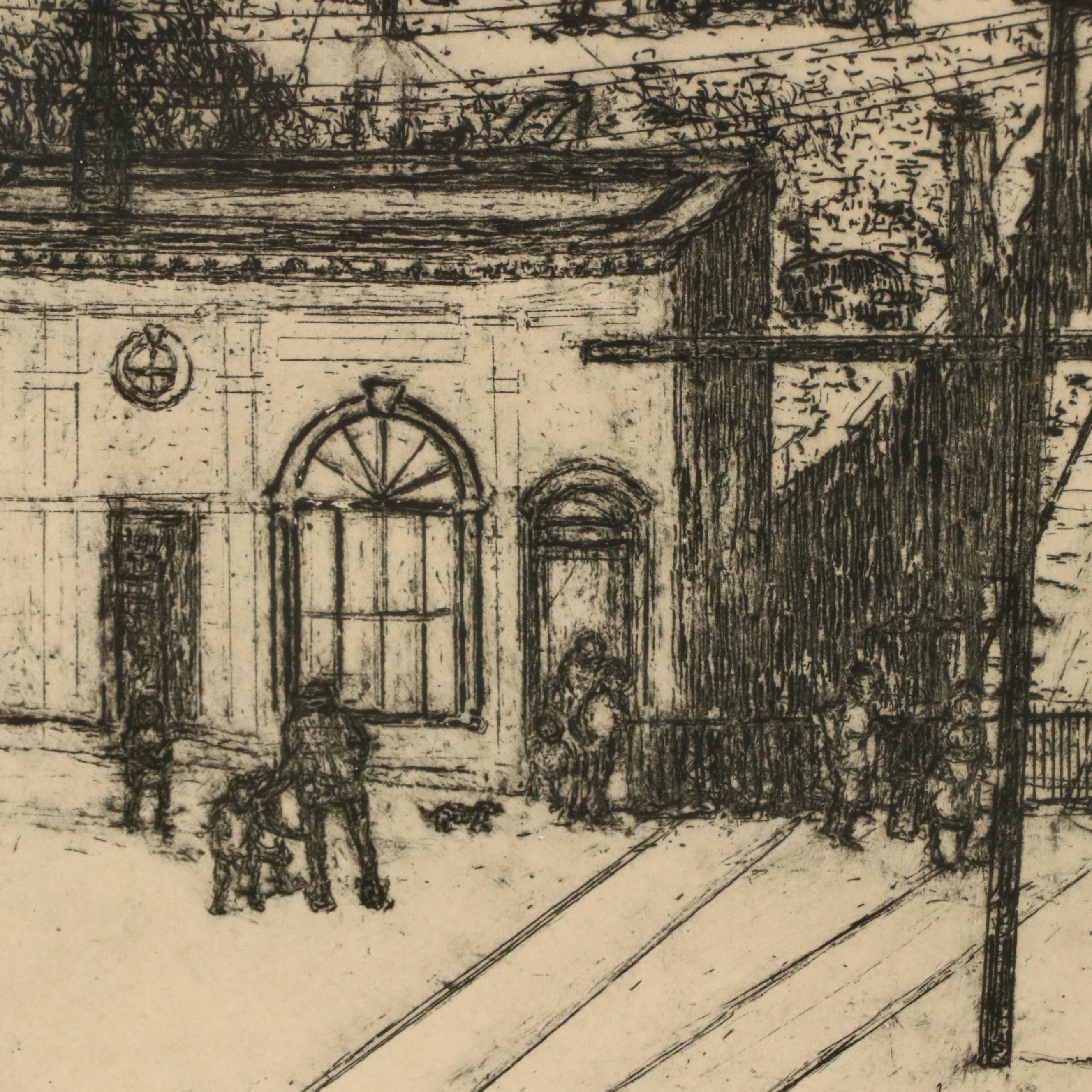 Edward T. Hurley Etching of Cincinnati Scene with Incline Car, 20th Century