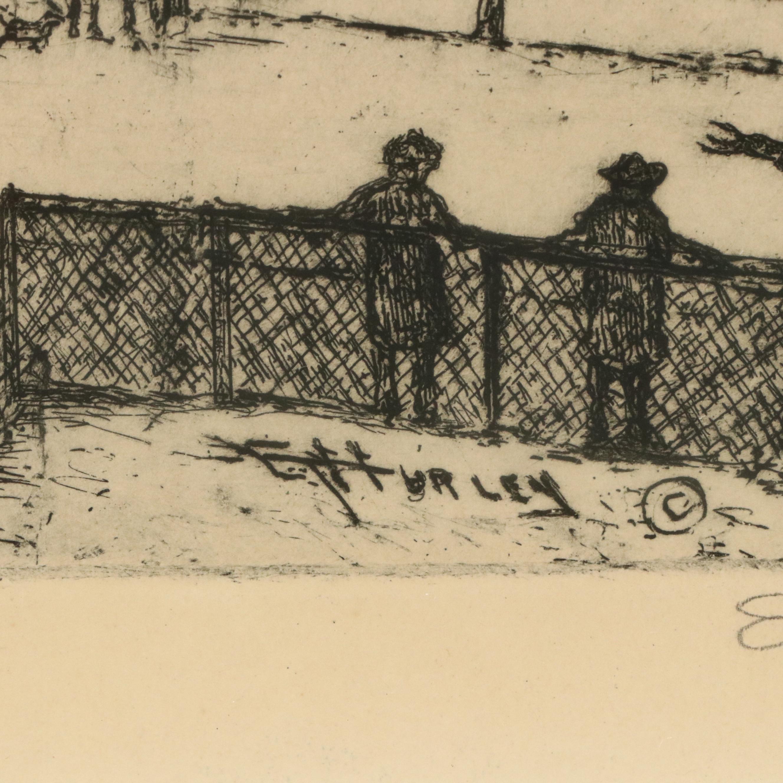 Edward T. Hurley Etching of Cincinnati Scene with Incline Car, 20th Century