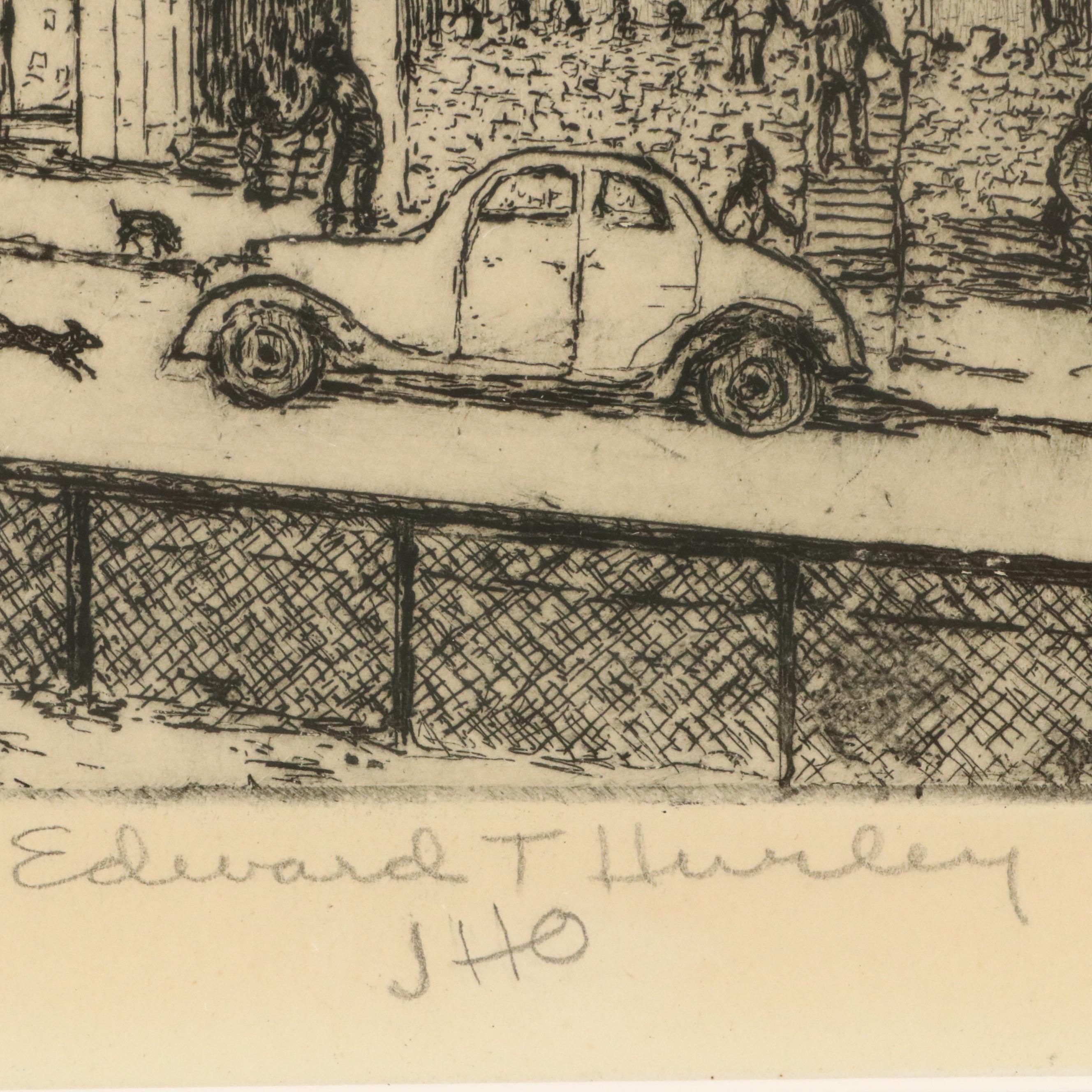 Edward T. Hurley Etching of Cincinnati Scene with Incline Car, 20th Century