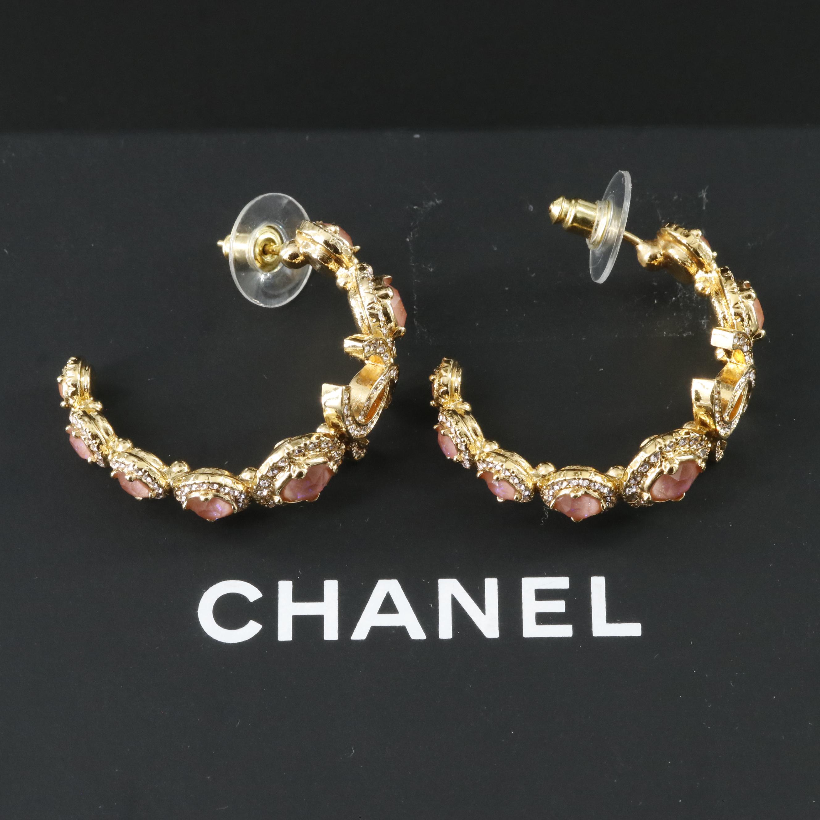 Chanel Pink Strass Hoop Earrings