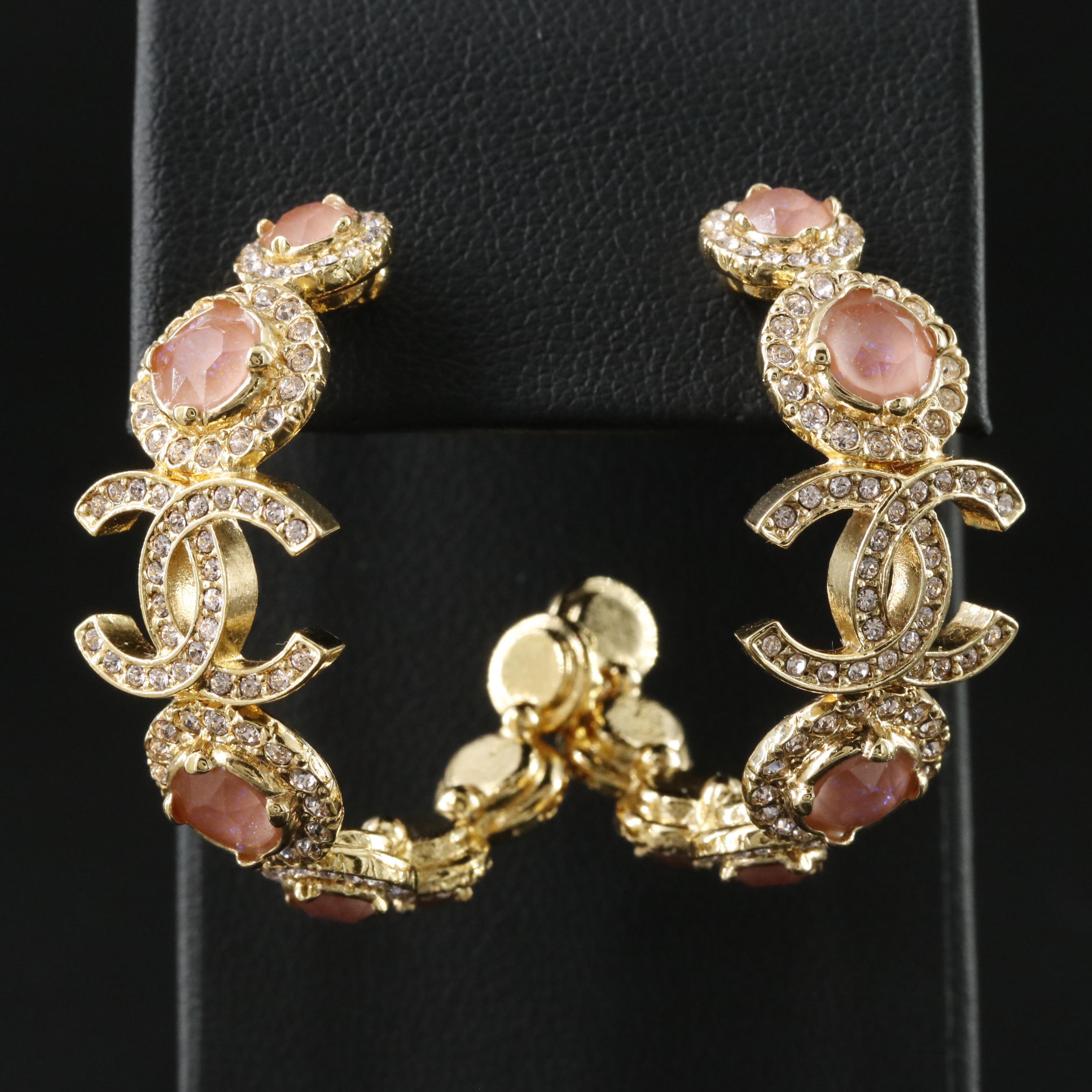 Chanel Pink Strass Hoop Earrings
