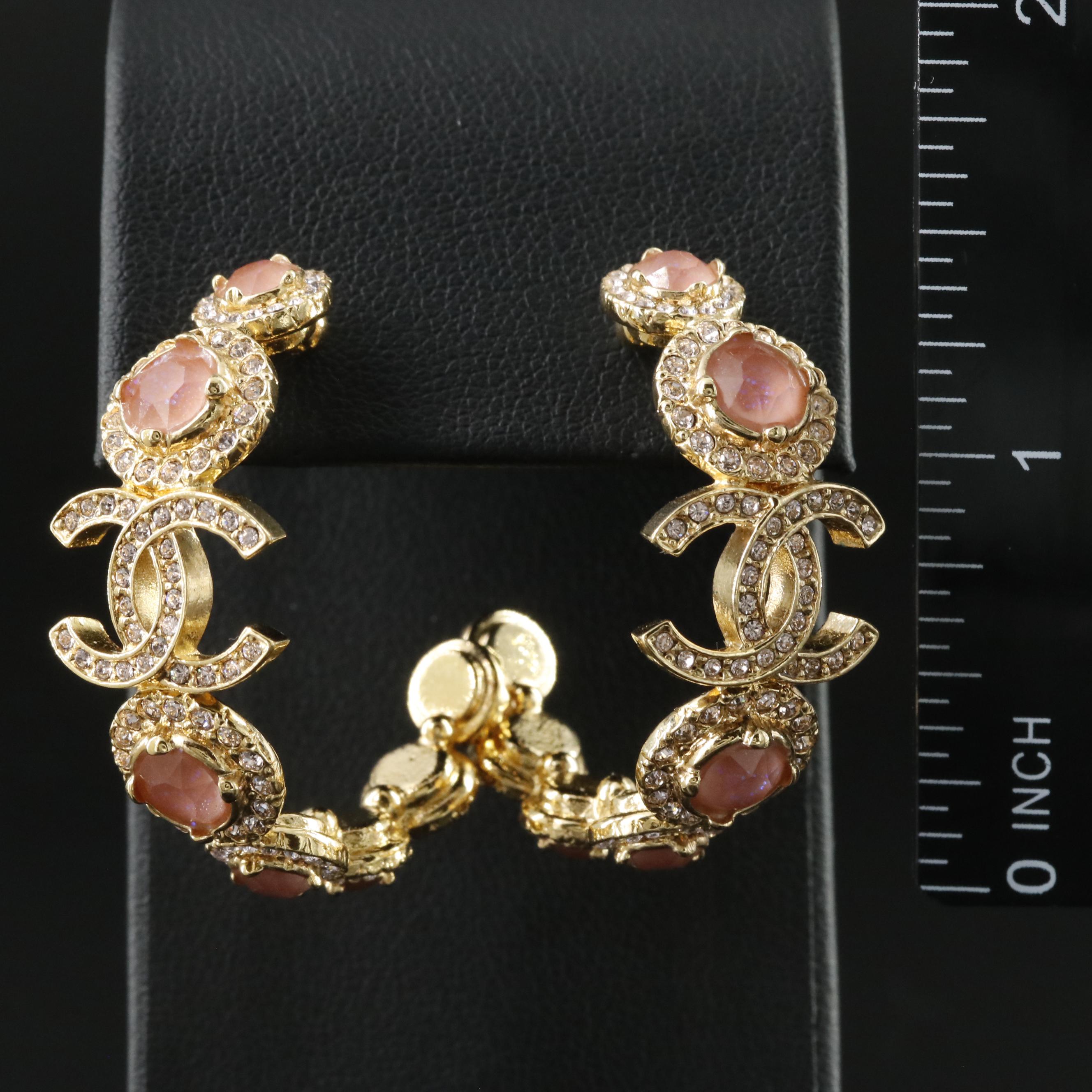 Chanel Pink Strass Hoop Earrings