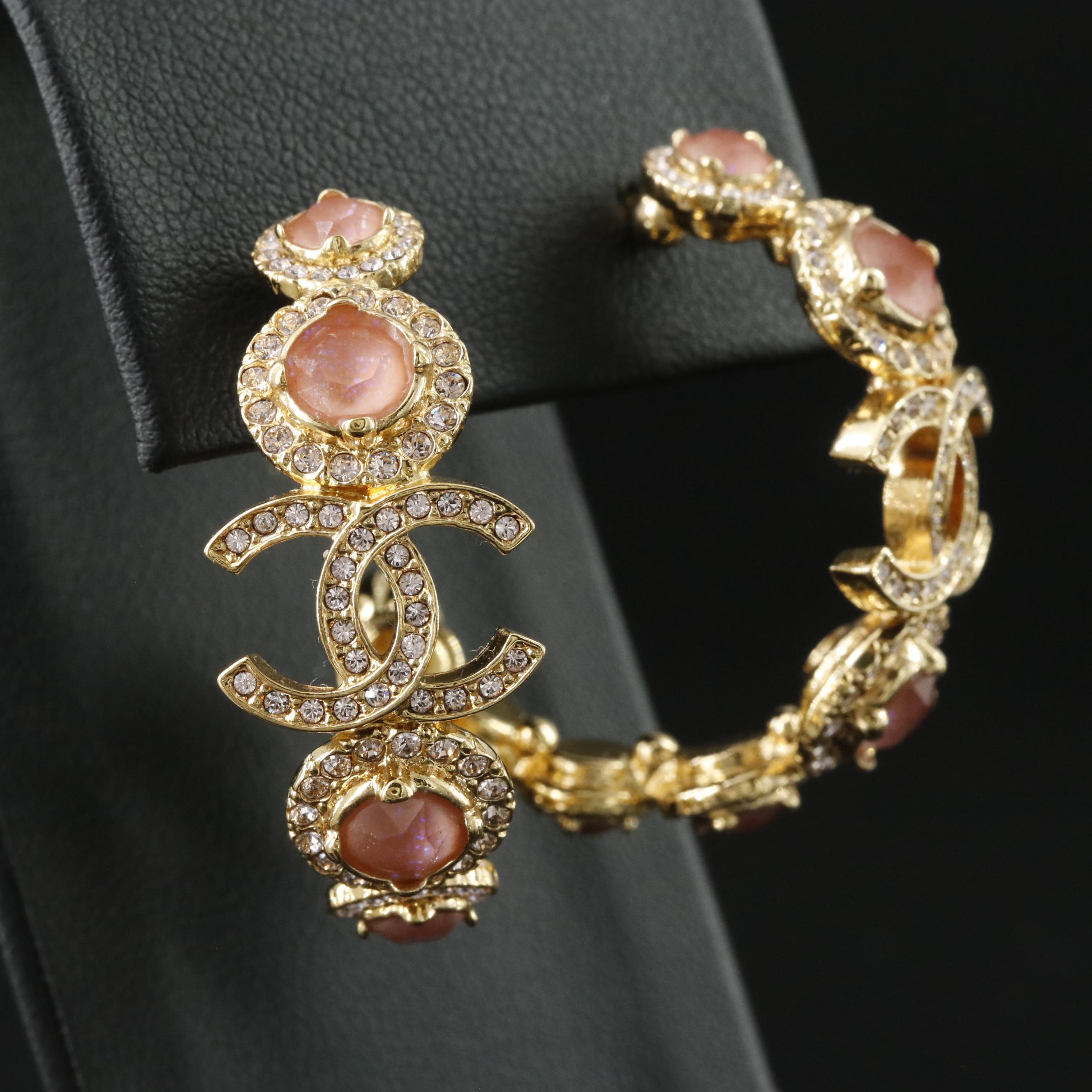 Chanel Pink Strass Hoop Earrings