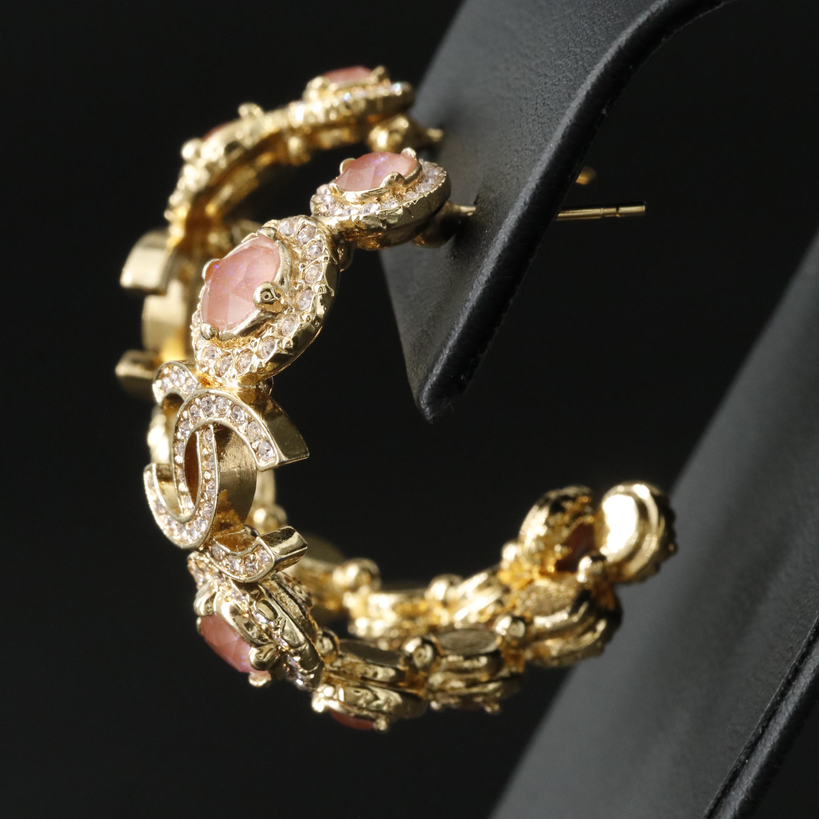 Chanel Pink Strass Hoop Earrings