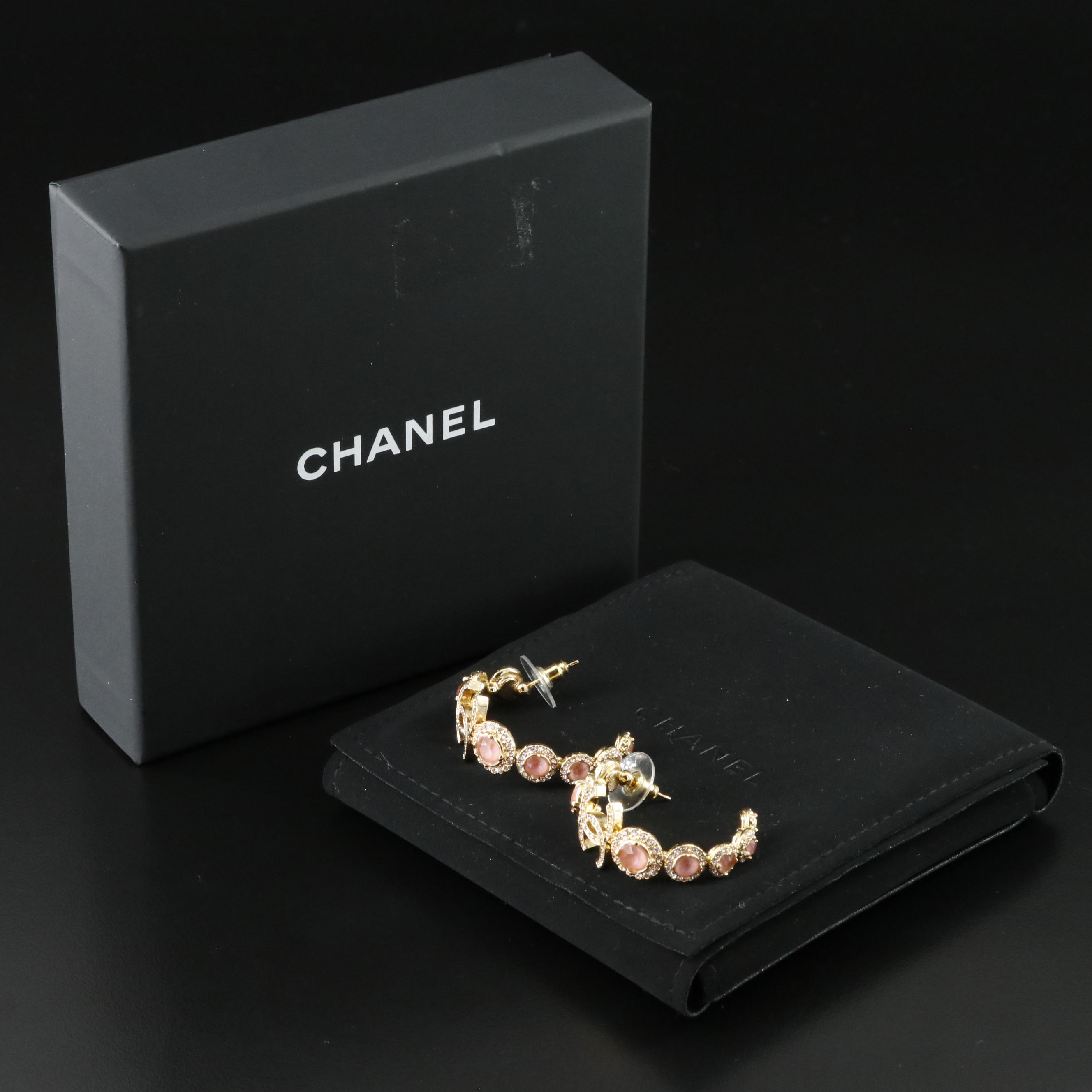 Chanel Pink Strass Hoop Earrings