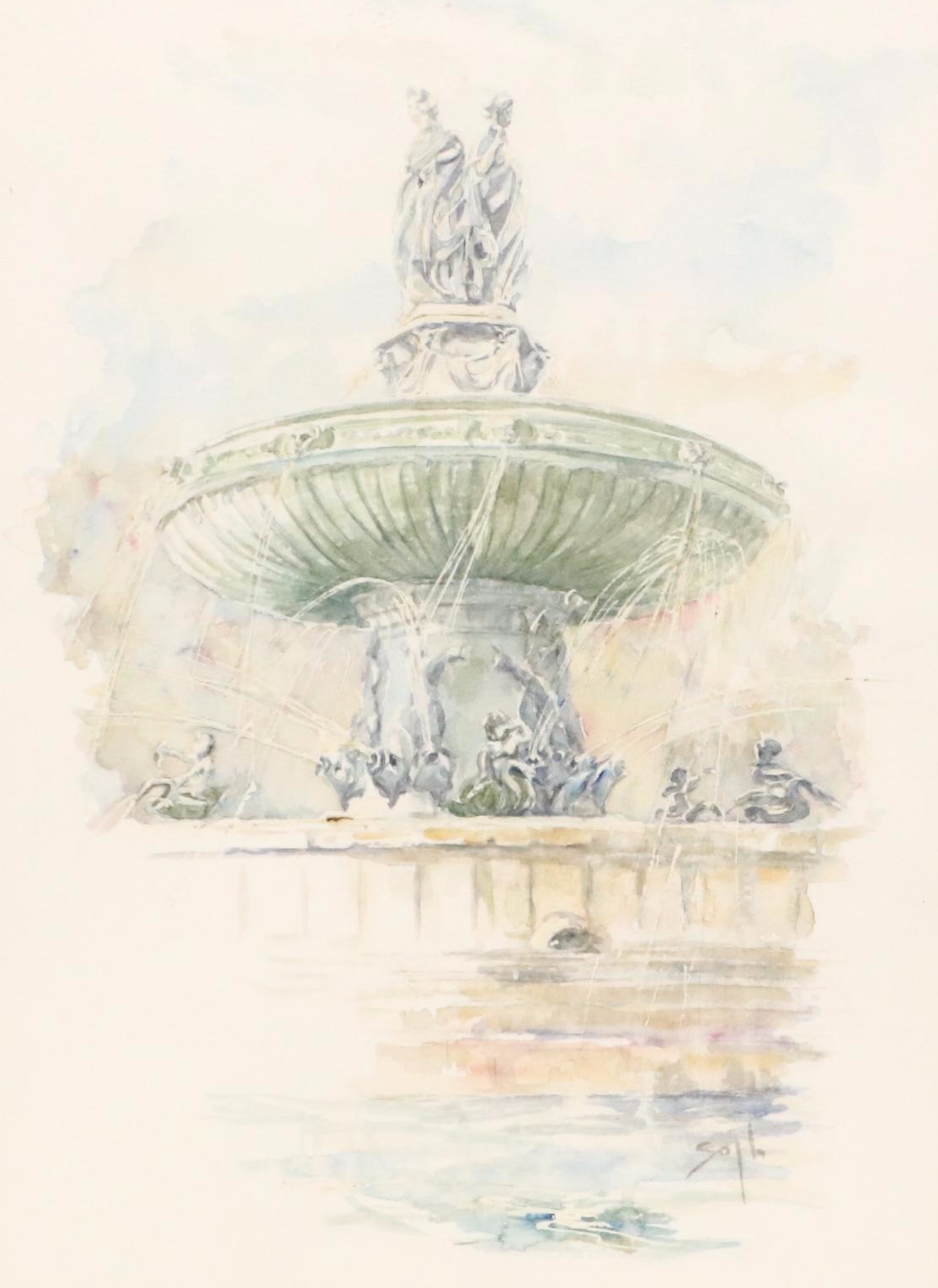 Watercolor Painting of Neoclassical Fountain, Late 20th Century