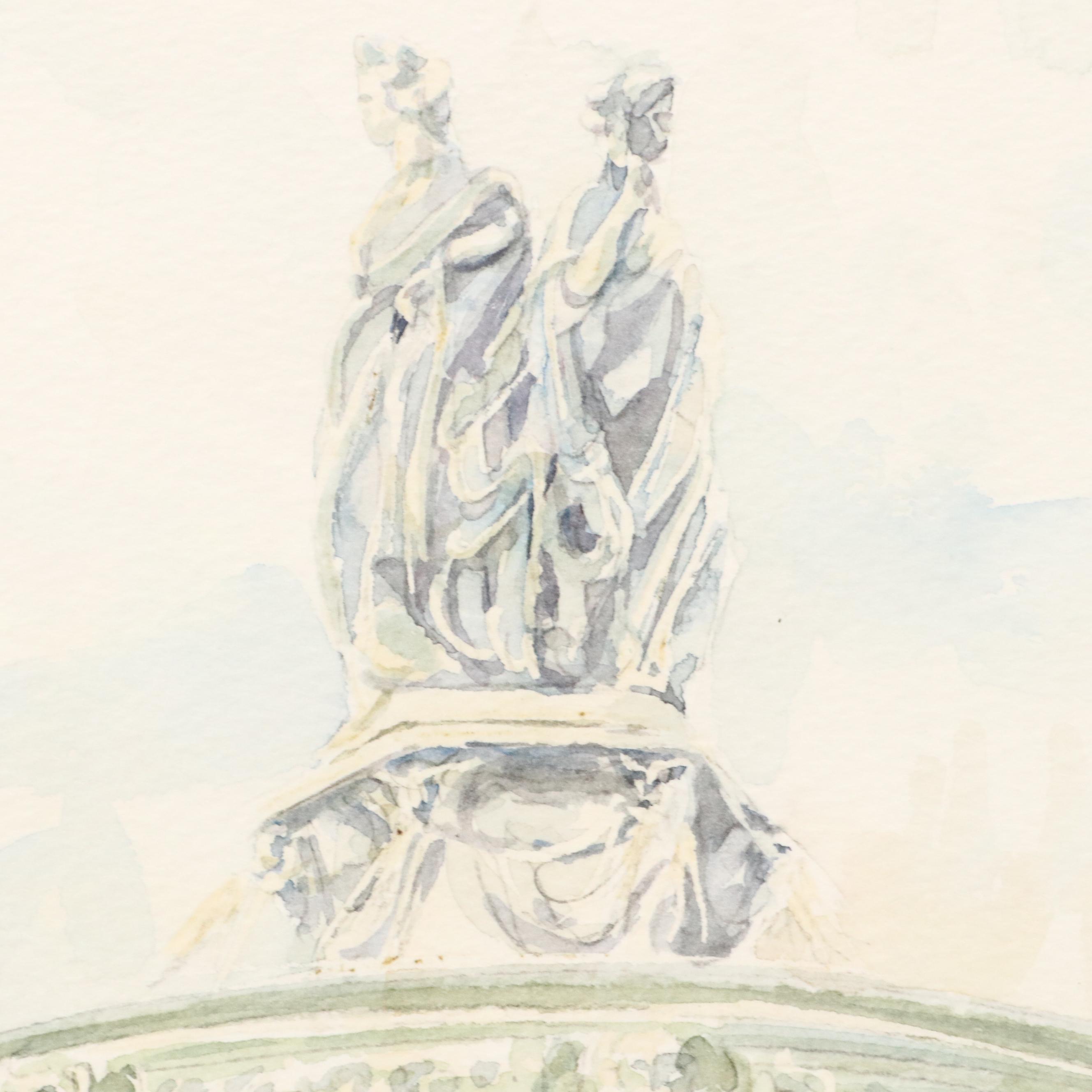 Watercolor Painting of Neoclassical Fountain, Late 20th Century