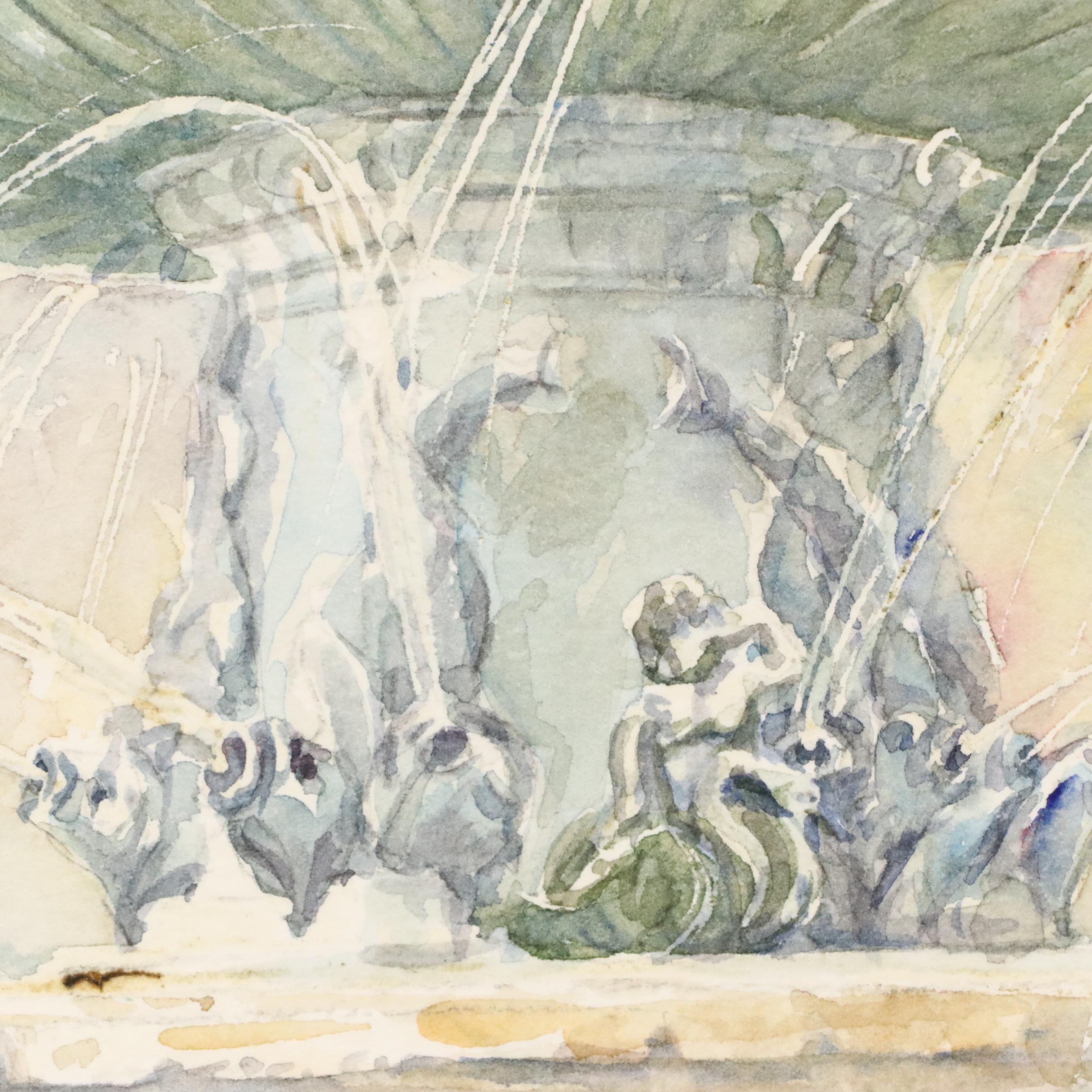 Watercolor Painting of Neoclassical Fountain, Late 20th Century