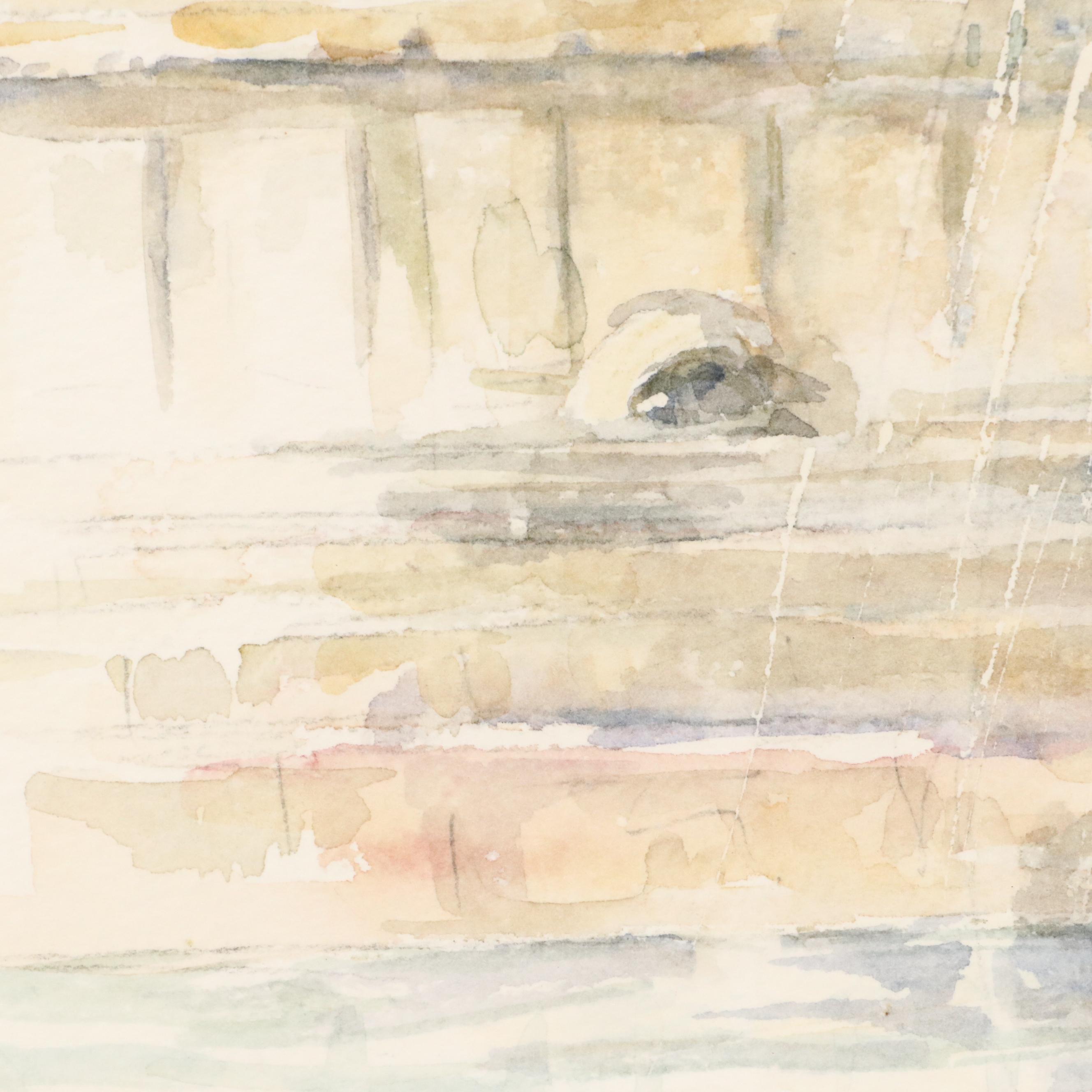 Watercolor Painting of Neoclassical Fountain, Late 20th Century