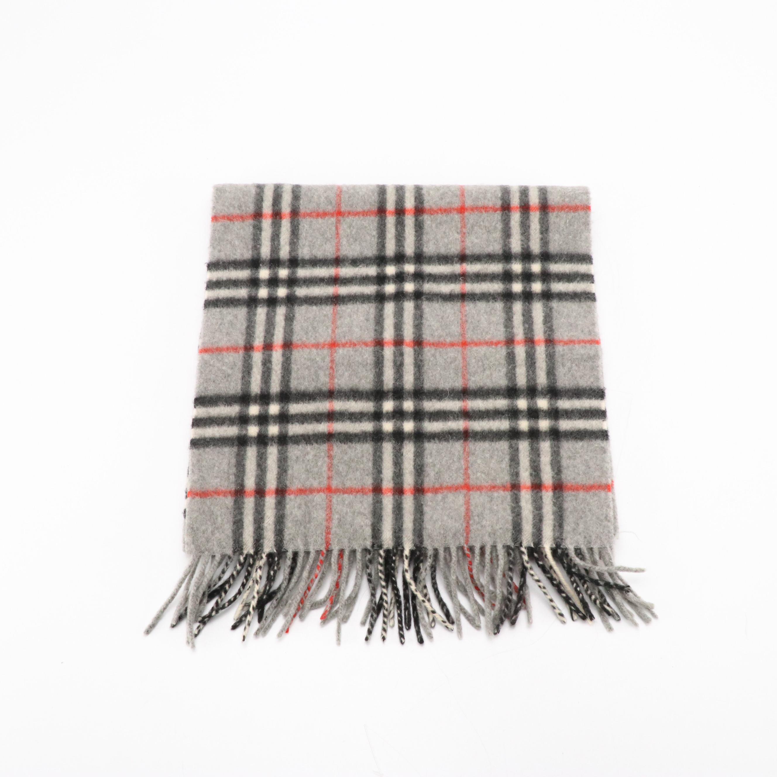 Burberrys Grey House Check Cashmere Fringe Scarf