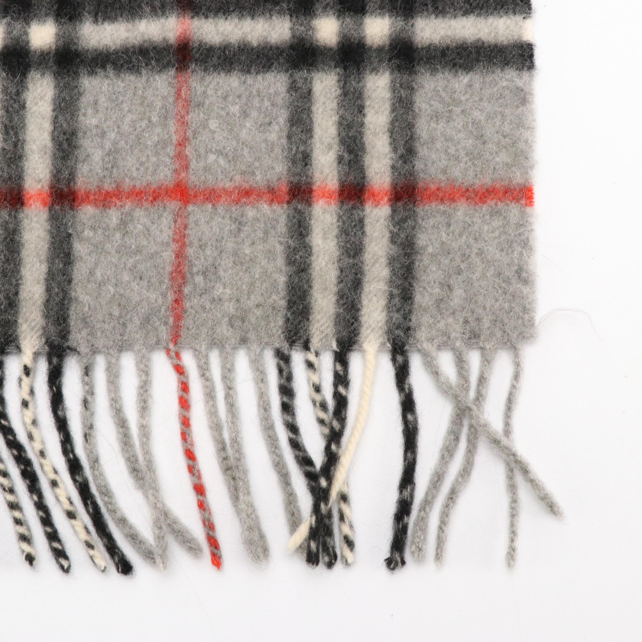 Burberrys Grey House Check Cashmere Fringe Scarf