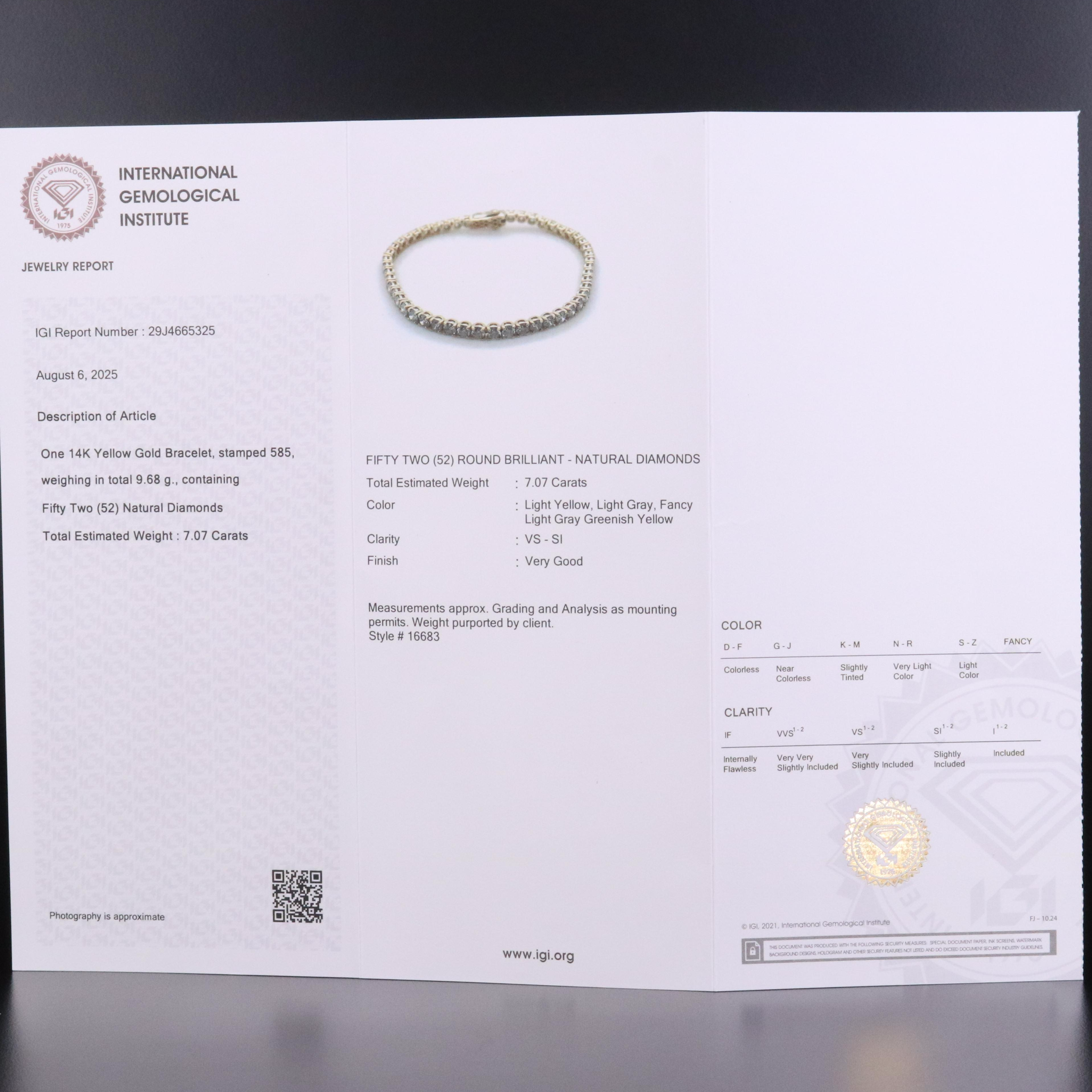 14K 7.07 CTW Diamond Line Bracelet with IGI Jewelry Report