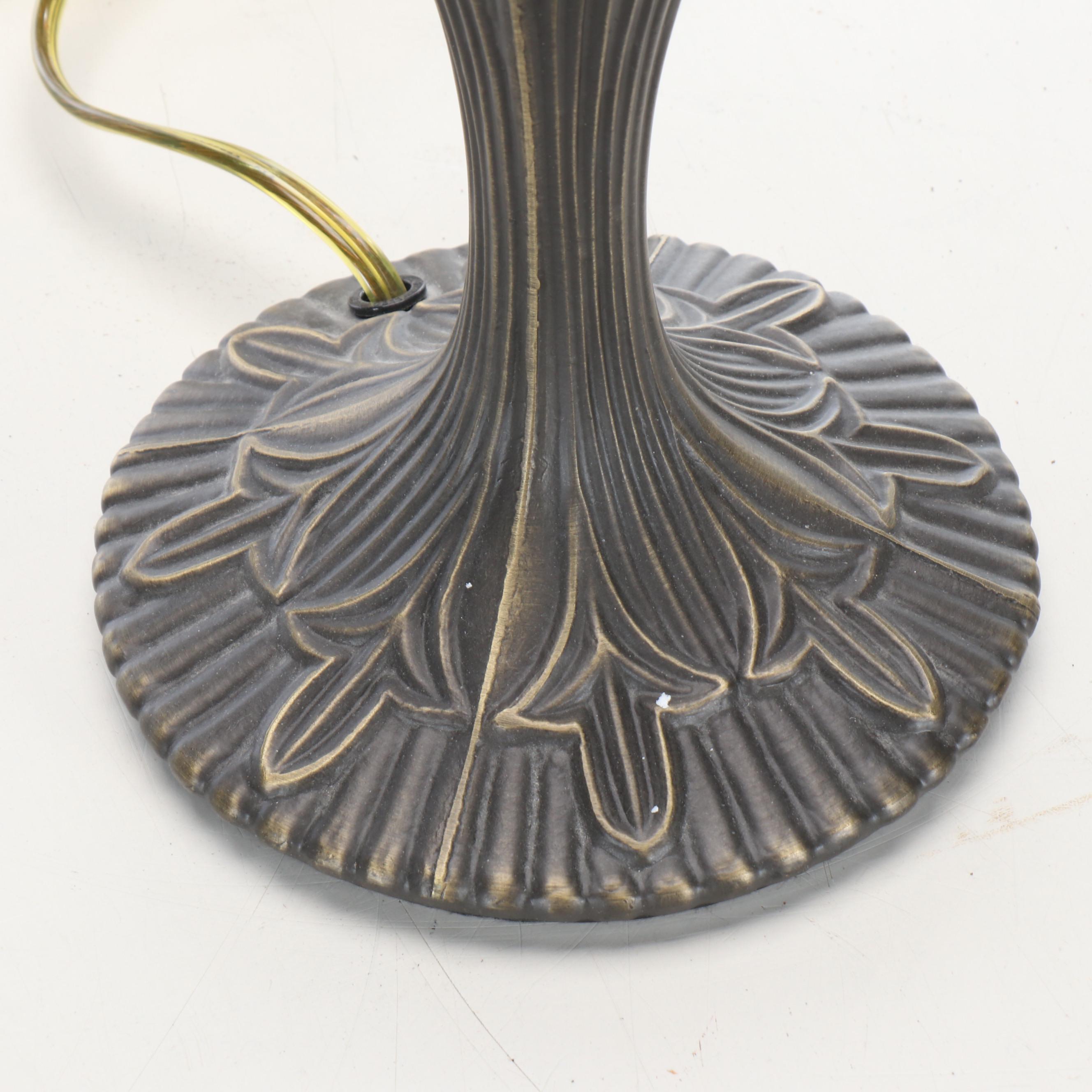 Deco Style Bronzed Spelter Table Lamp with Fish Scale Slag Glass Shade